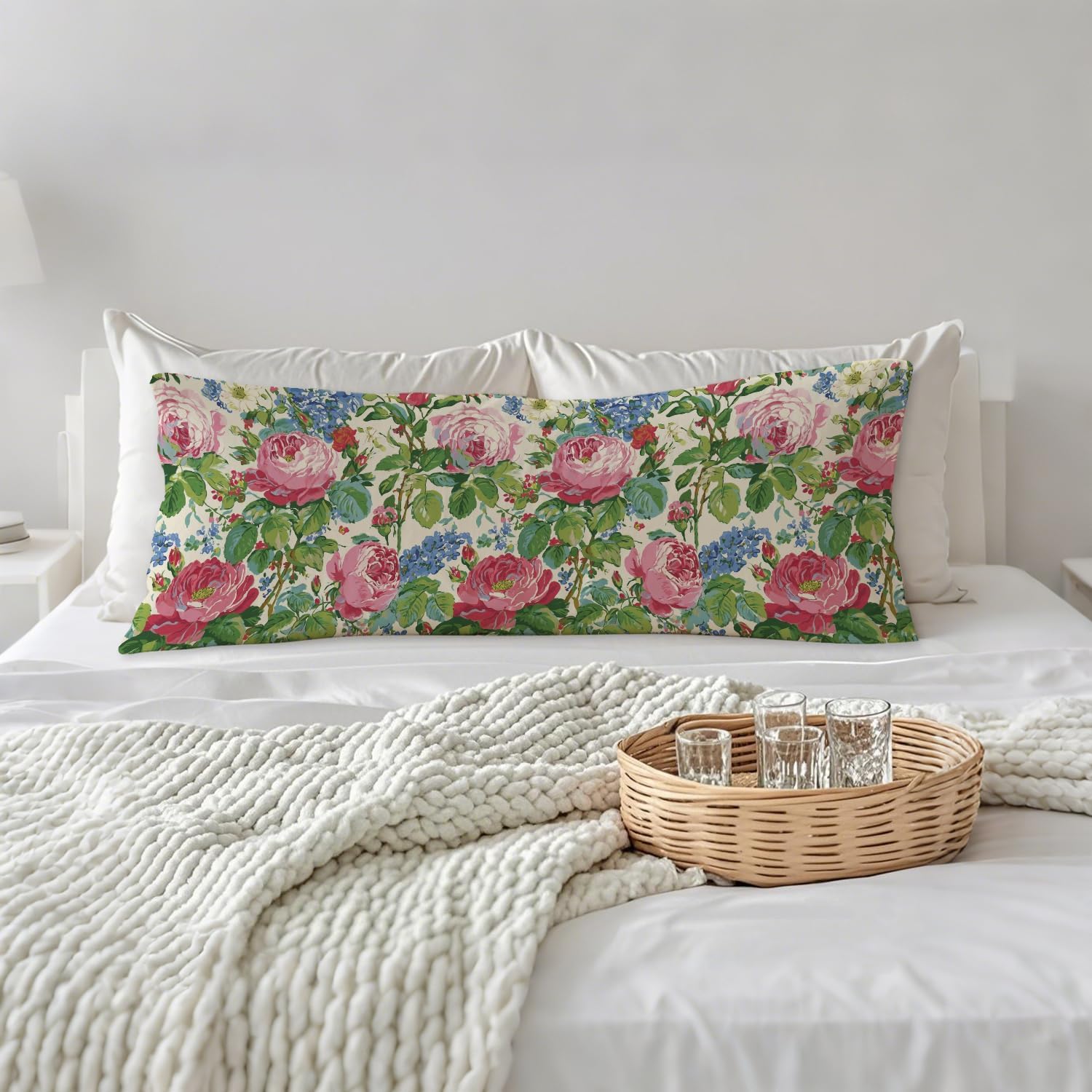 Vintage Rose Floral 20x54 Body Pillow Cover, French Country Blooming Garden Rose Flower Decorative Long Body Pillow Cases for Bed Couch