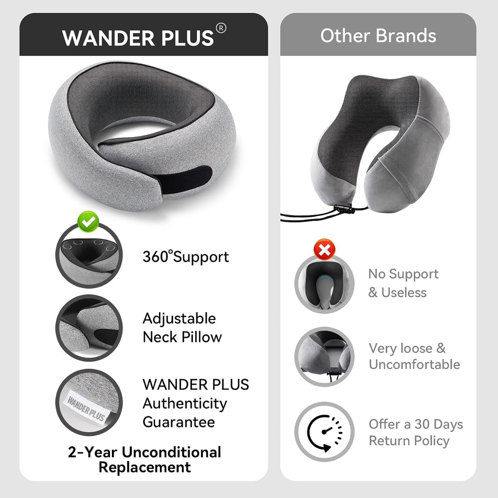 WANDER PLUS® Travel Pillow, 100% Pure Memory Foam Travel Neck Pillow Airplane Neck Support Ergonomic Design Best for Sleeping Plane Car…