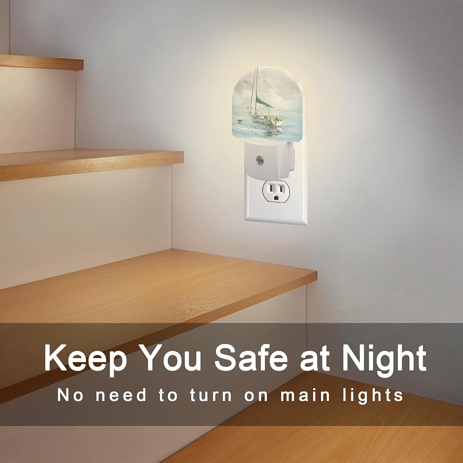 Blue Sailboat in Harbor Night Light Plug into Wall, Boat Ocean Oil Painting Dusk to Dawn Night Light Plug in,0.5w Energy Saving Sleep…