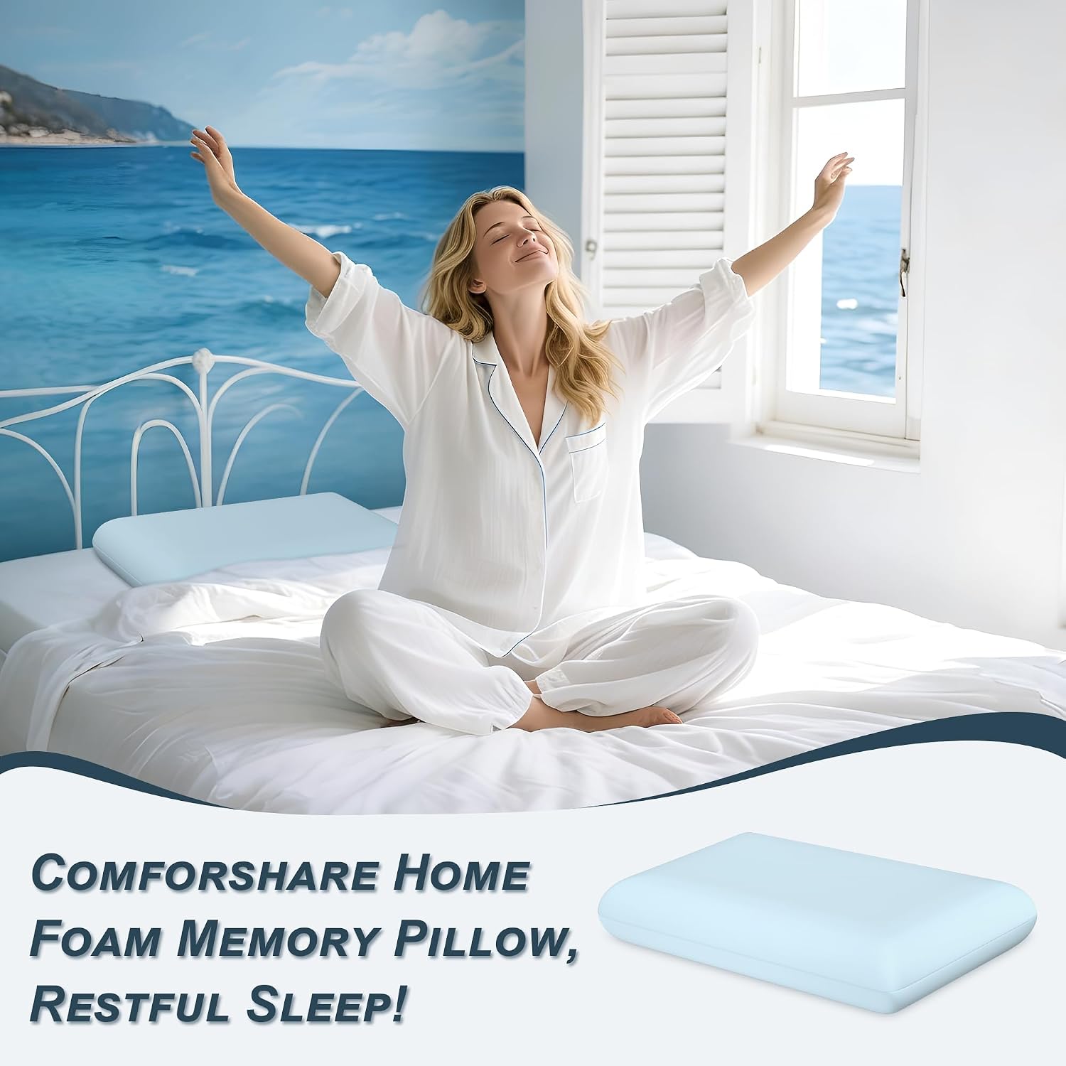 Comforshare Home Blue Memory Foam Pillows Bed Pillows with Cooling Removable Cover, Neck Support for Back Stomach Side Sleepers, 1 P…