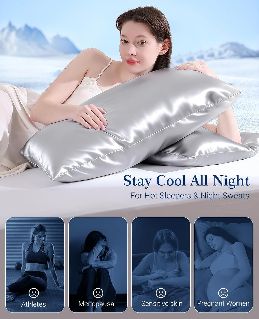 Elegear Cooling Pillow Cases Set of 2 for Hot Sleepers, Soft Silky Satin Pillowcase for Hair & Skin, Upgraded Arc-Chill Cooling Satin…