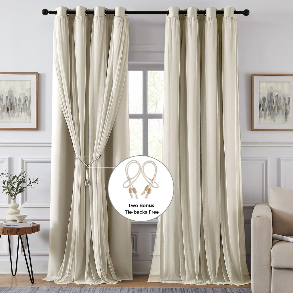 Swandream 100% Blackout Curtains for Bedroom, Double Layer Ivory Curtains, Black Out Curtain 63 inch Long with Sheer Overlay for Living Roo…