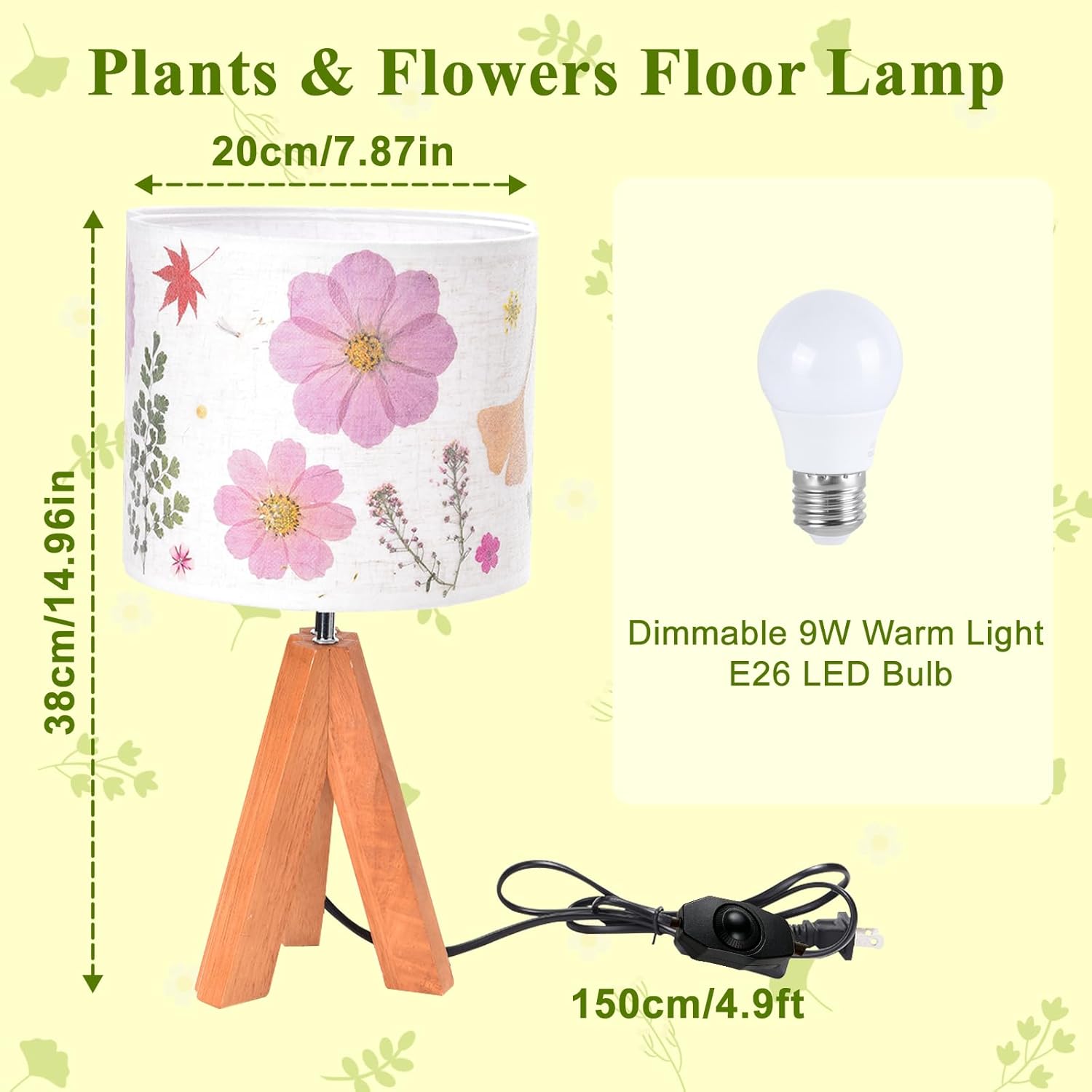 Dried Flowers Tripod Table Lamp 14.96in, 9W LED Dimmable Cute Bedside Lamp with Flowers Linen Lampshade for Nursery, Bedroom, Kid Room…