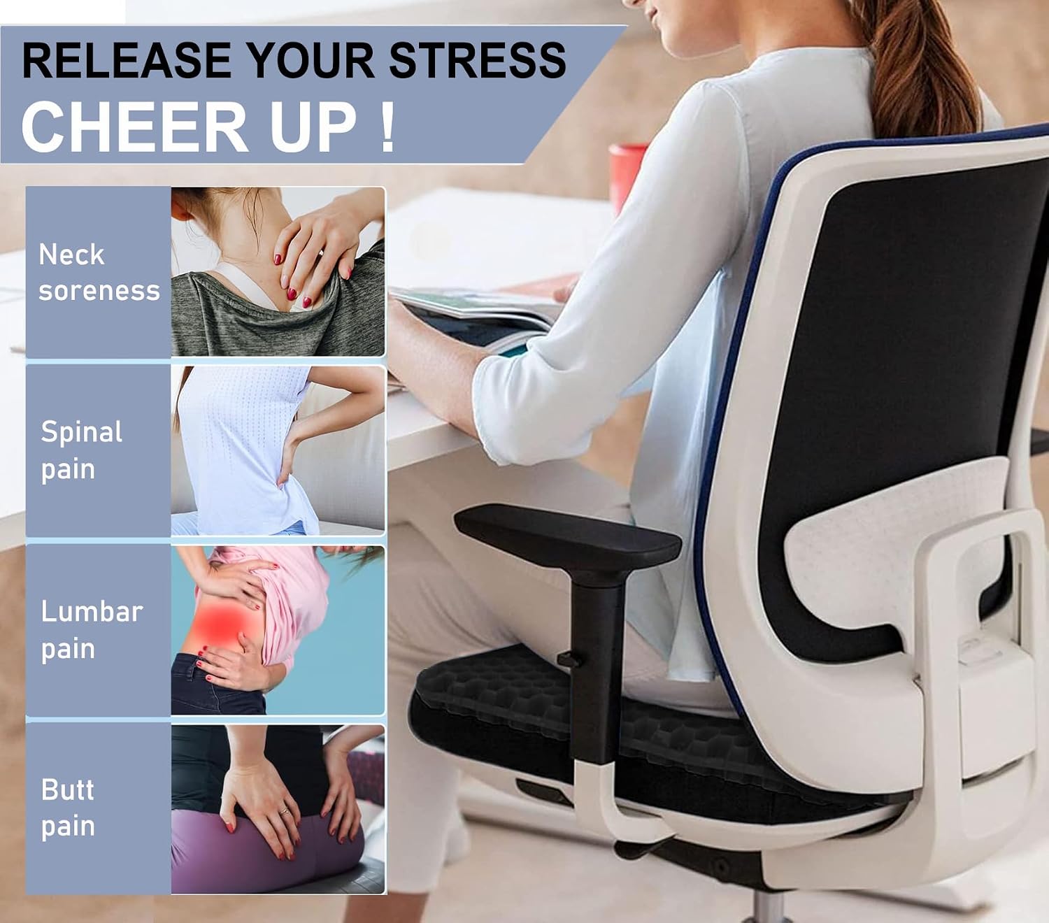 Helishy Gel Seat Cushion for Long Sitting Pressure Relief (Super Large & Thick) - Non-Slip Gel Chair Cushions for Back, Sciatica, Tailbone -…