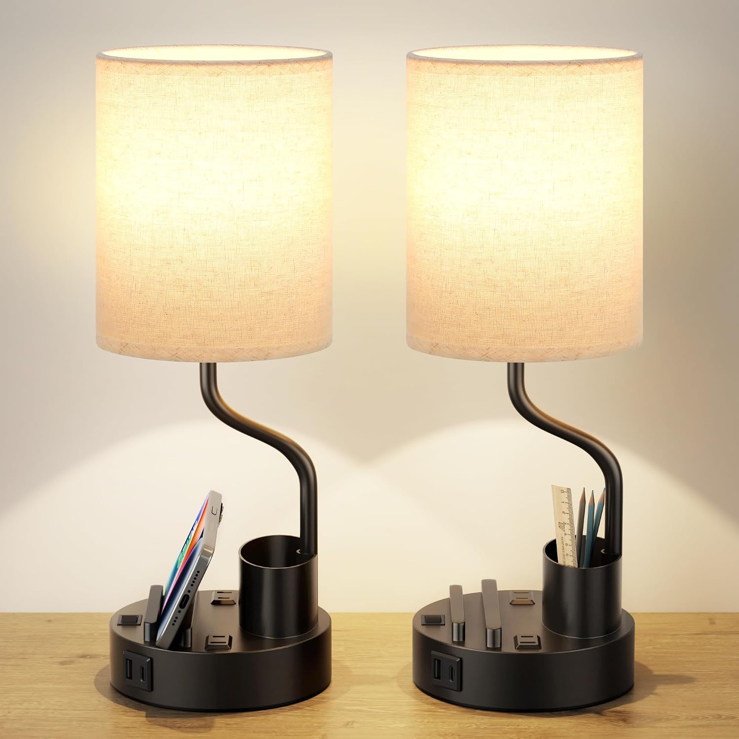 Bedside Table Lamps for Bedroom Set of 2 - Nightstand Light with AC Outlet and USB A & C for Charging, 3 Color Temperatures, Study Desk…