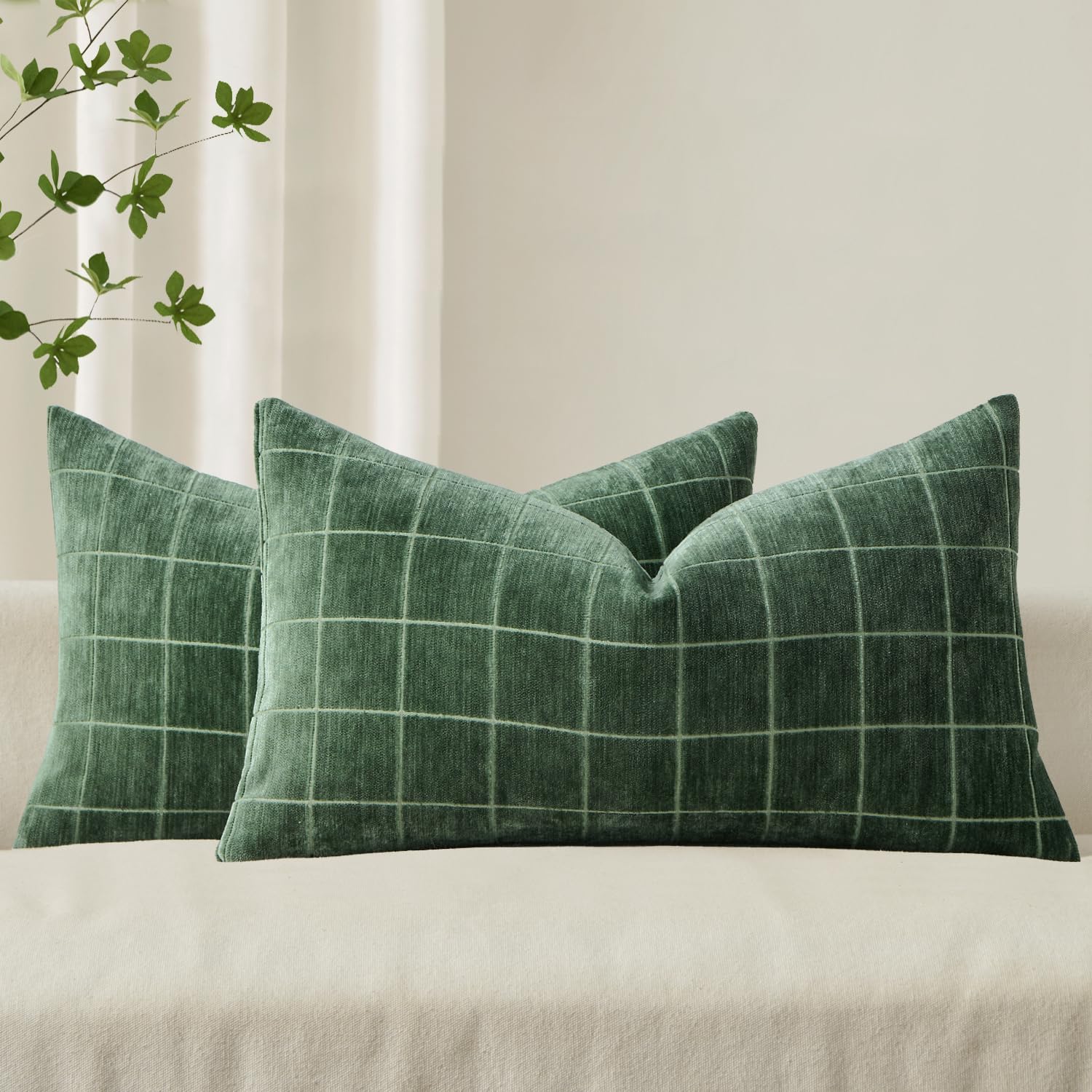 Miulee Decorative Chenille Check Lumbar Throw Pillow Covers Vintage Plaid Couch Pillows 12x20 Inch Set of 2 Neutral Boho Cushion Covers Mod…