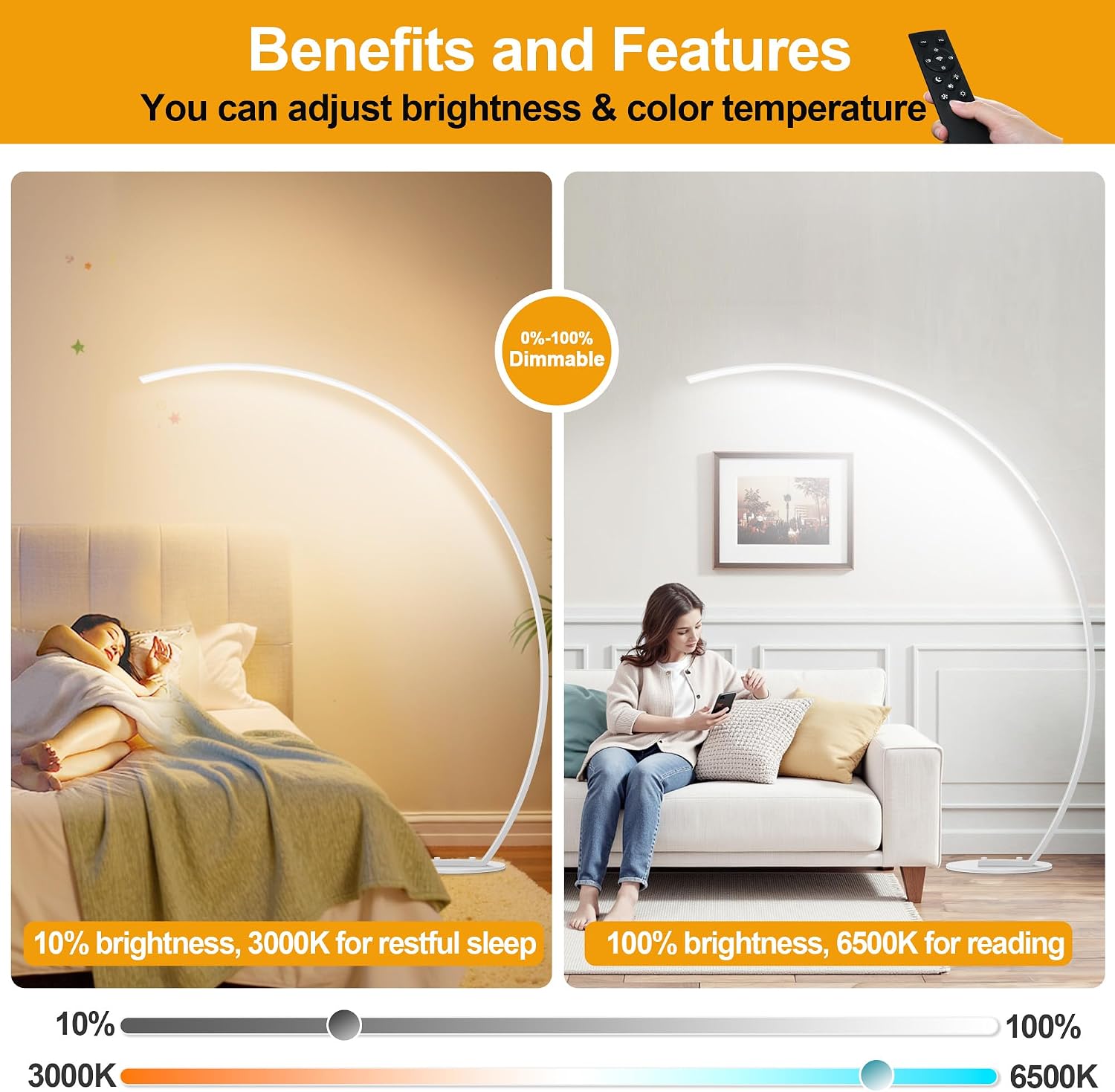 2000LM Ultra-Wide Coverage LED Lamps for Living Room with 3 Color Temperatures, White Dimmable Arc Floor Lamps, Modern Standing Tall Lamp…
