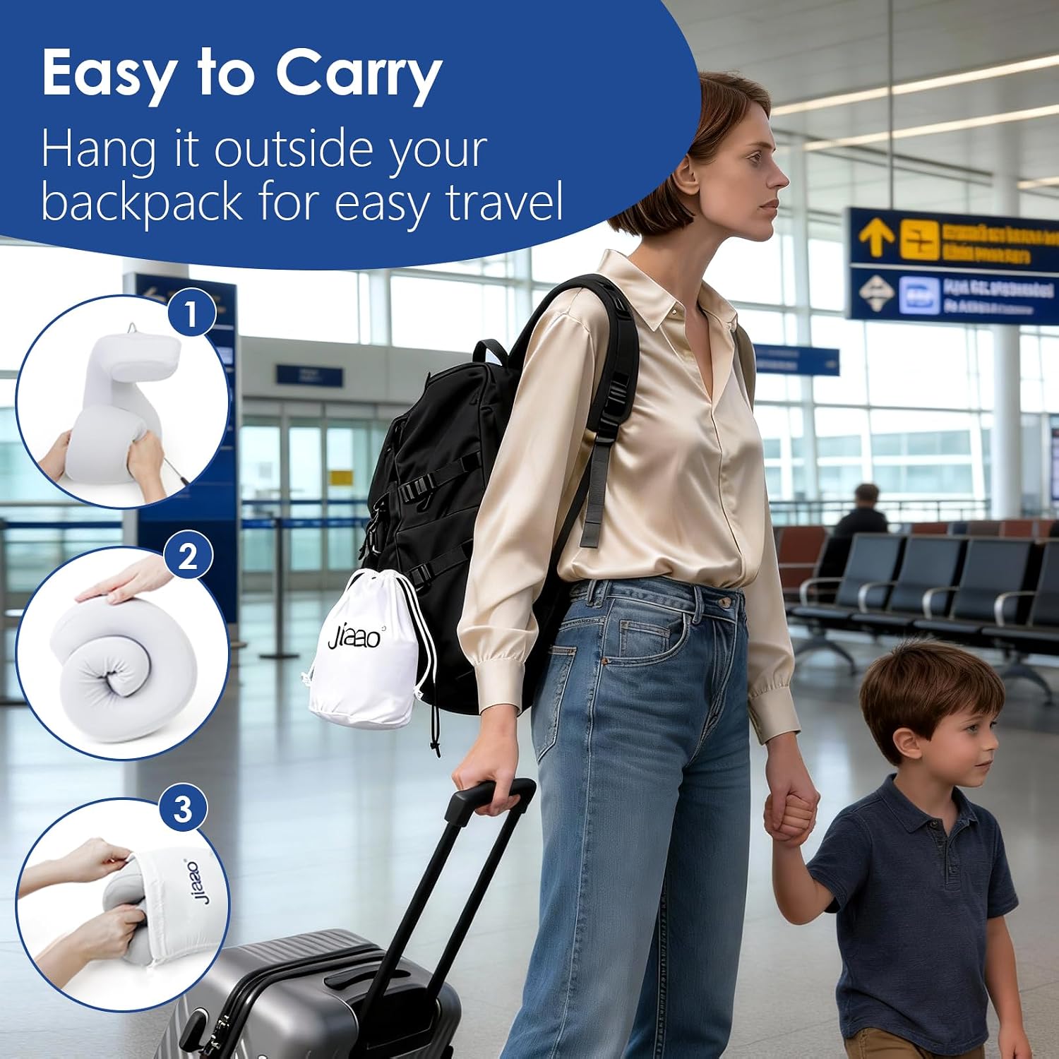 jiaao Travel Pillow Memory Foam Neck Pillow for Airplanes with Adjustable Drawstring Support, Gray Travel Neck Pillow for Flights, Road Tri…