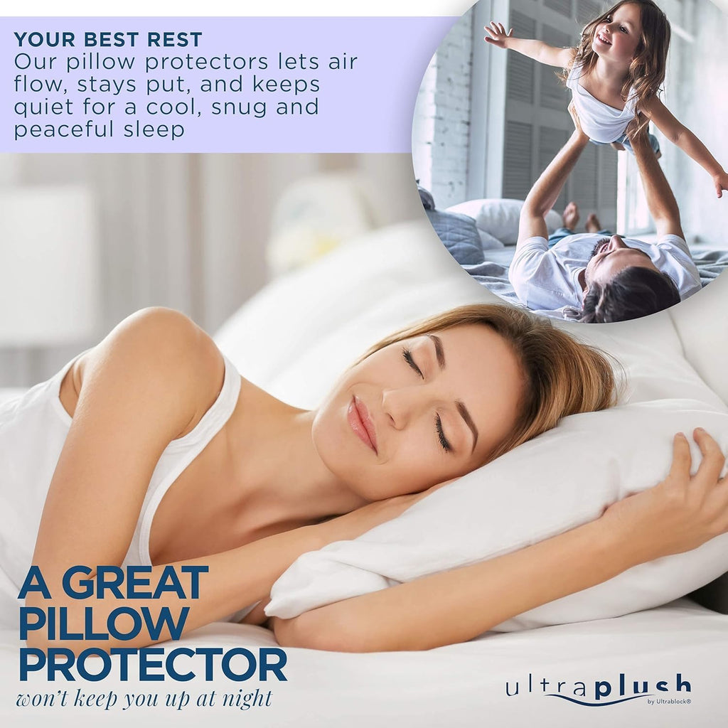 UltraBlock Ultra Plush Premium Waterproof Pillow Protector Set of 2 - Zippered Pillow Case Cover - Super Soft and Quiet Feather Proof…