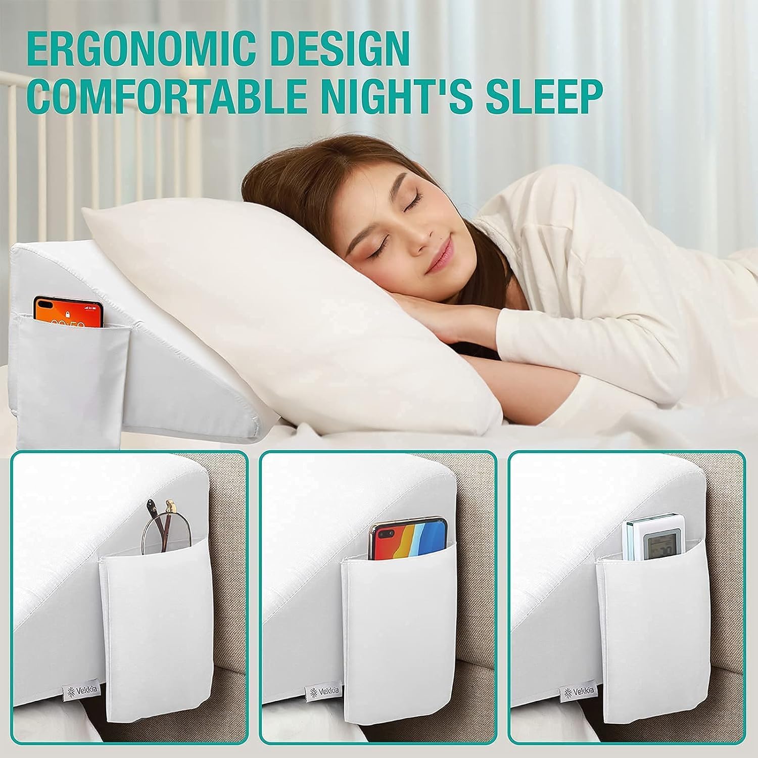 Vekkia Full Bed Wedge Pillow Gap Filler/Headboard Pillow/Mattress Wedge Fill Gap (0-6") Between Headboard and Mattress (White 54"x10"x6")
