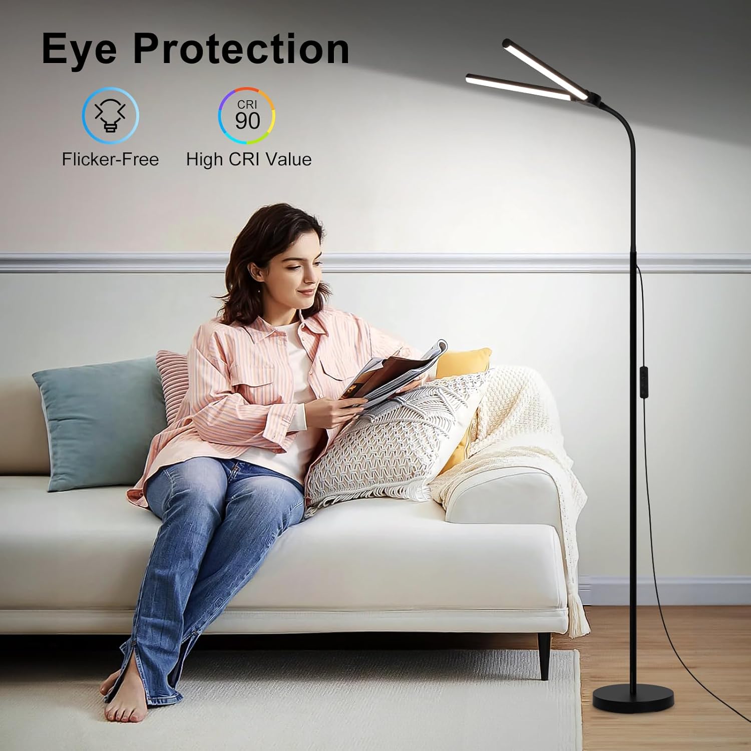 LED Floor Lamp, 18W/2000LM Bright Reading Floor Lamp for Office with Double Head, Adjustable Gooseneck Dimmable Modern Standing Light for…