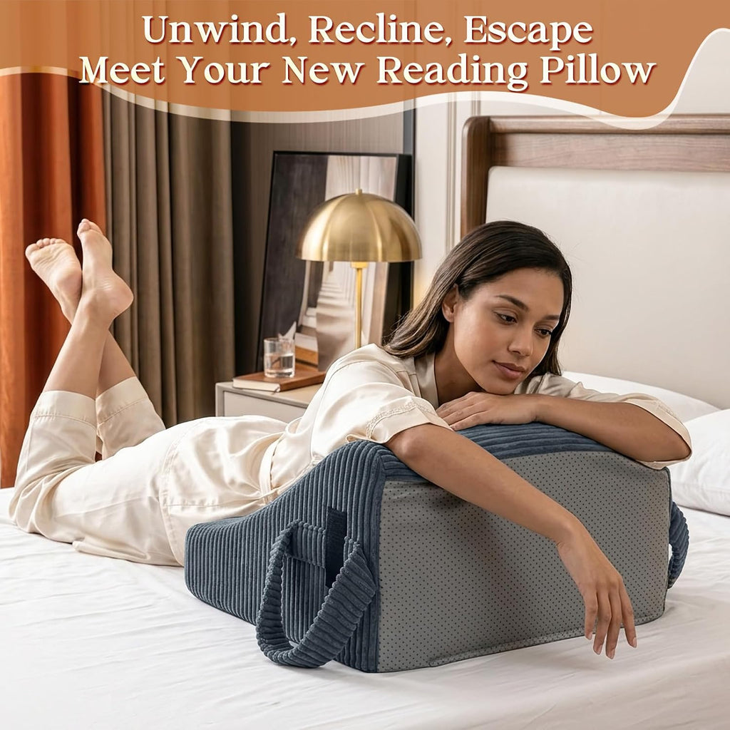 Reading Pillow/Backrest Pillow with Arms, Cup Holder & Phone Pocket - Bed Rest Pillow with Adjustable Headrest, Corduroy Fabric for Back…