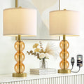Oneach 25" Amber Glass Table Lamps for Living Room, Glass Modern Table Lamp Set of 2, USB Charging Ports, Linen Shade, Bedside Lamps for Be…
