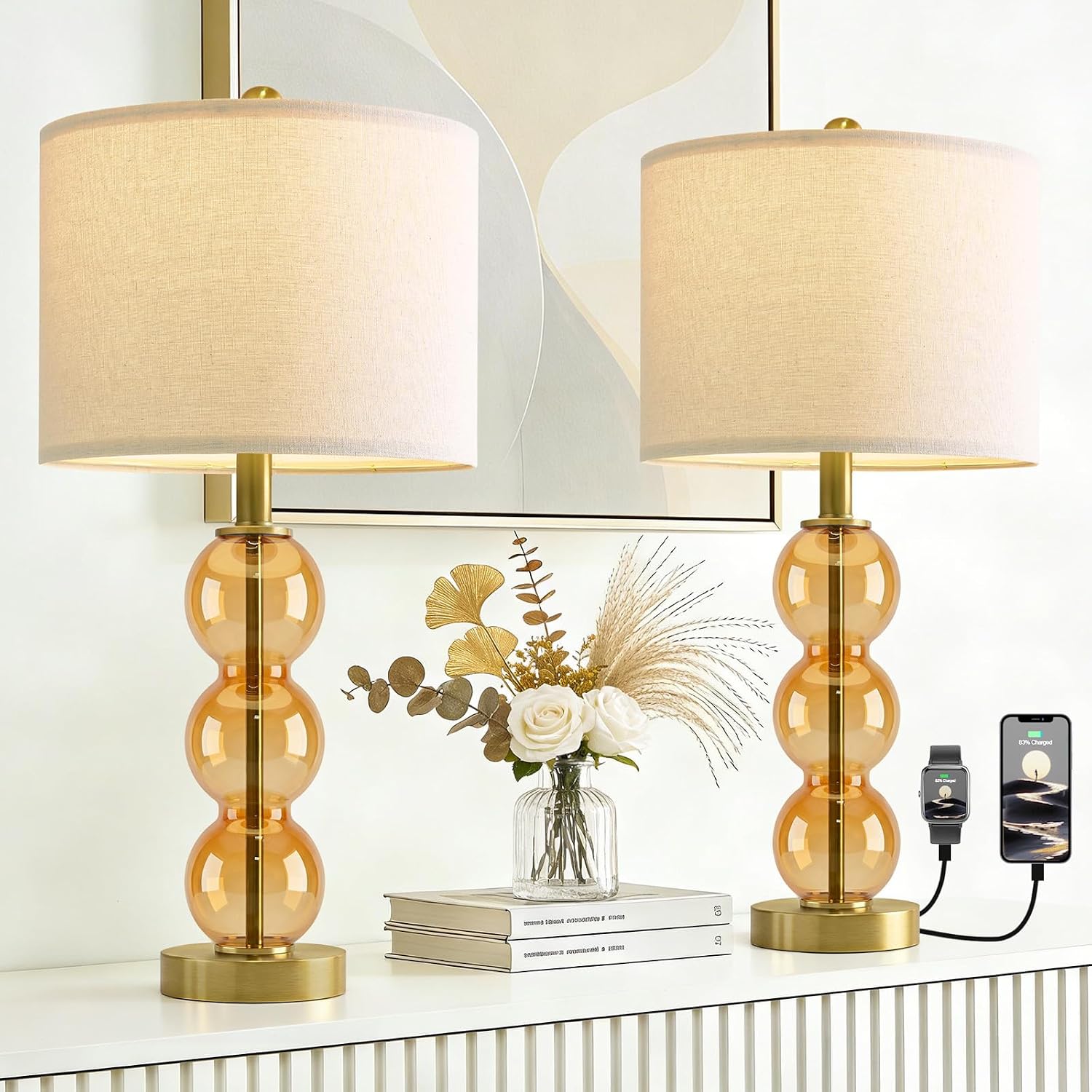 Oneach 25" Amber Glass Table Lamps for Living Room, Glass Modern Table Lamp Set of 2, USB Charging Ports, Linen Shade, Bedside Lamps for Be…