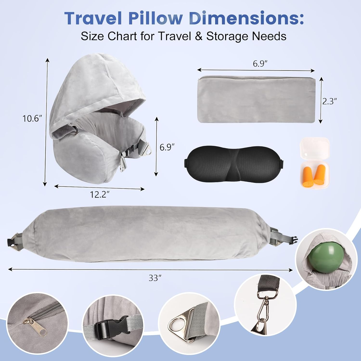 DreamShore Stuffable Neck Pillow for Travel with Hood - Adjustable Velvet Travel Pillow with Earplugs & Eye Mask, Ultimate Carry-On…