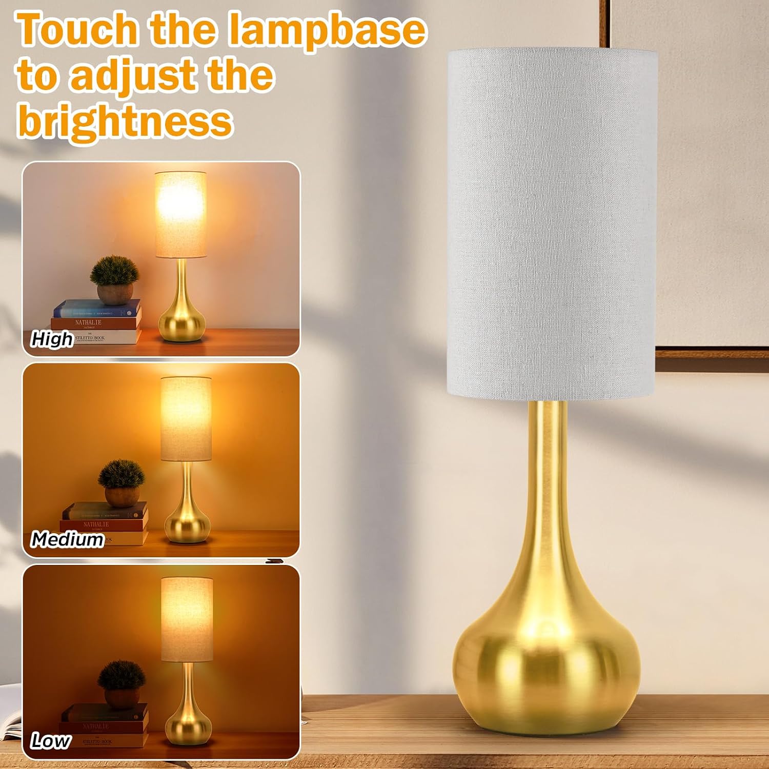 Ledikon Touch Gold Table Lamp for Nightstand, 3-Way Dimmable, Space Saving & No Assembly Required, Upgraded Small Bedside Lamp for Bedroom,…