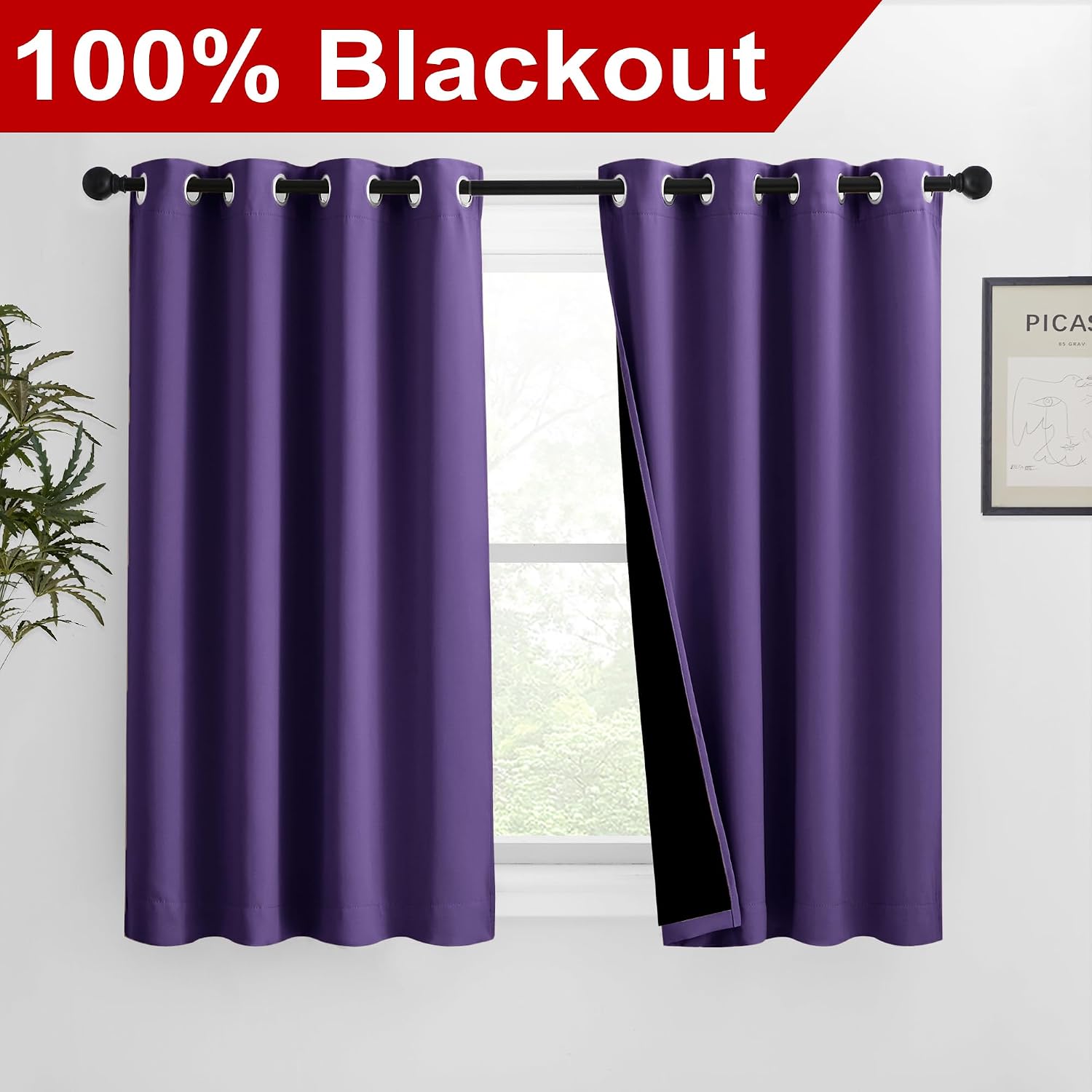 Nicetown 100% Blackout Curtains with Black Liners, Solid Thermal Insulated Full Blackout 2-Layer Lined Drapes, Energy Efficiency Window Dra…