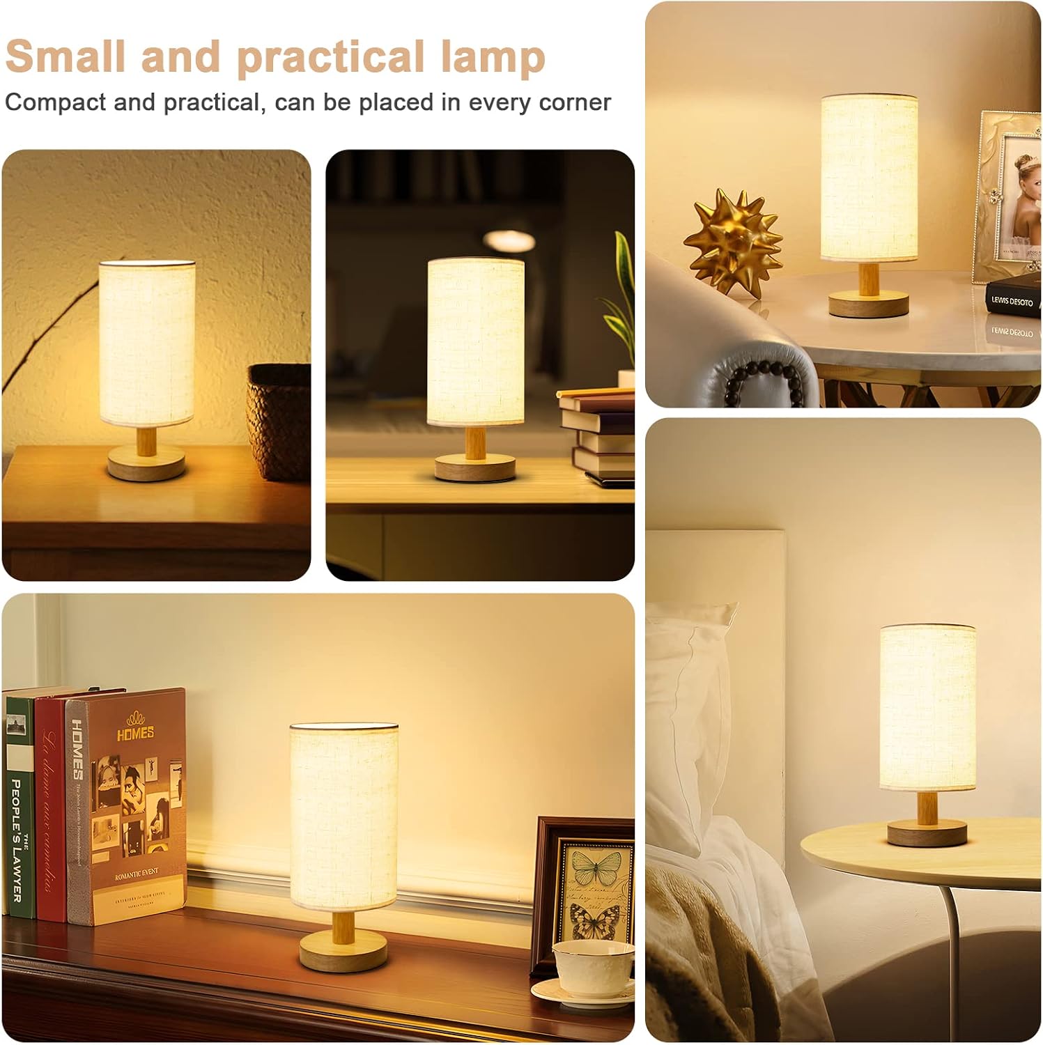 Small Bedside Table Lamp for Bedroom, Minimalist Wood Base & Round Fabric Shade, Mini Cute Cozy Warm White Nightstand Boho Lamp, Study…