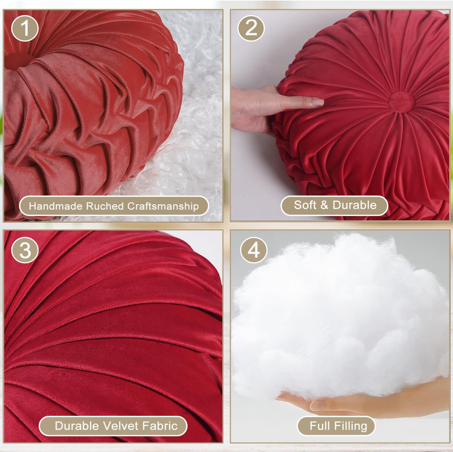 HIG Set of 2 Red Ruched Velvet Round Throw Pillows – 14.5’’ Decorative Pillows with Soft Polyester Filling for Couch, Bed, Living Room…