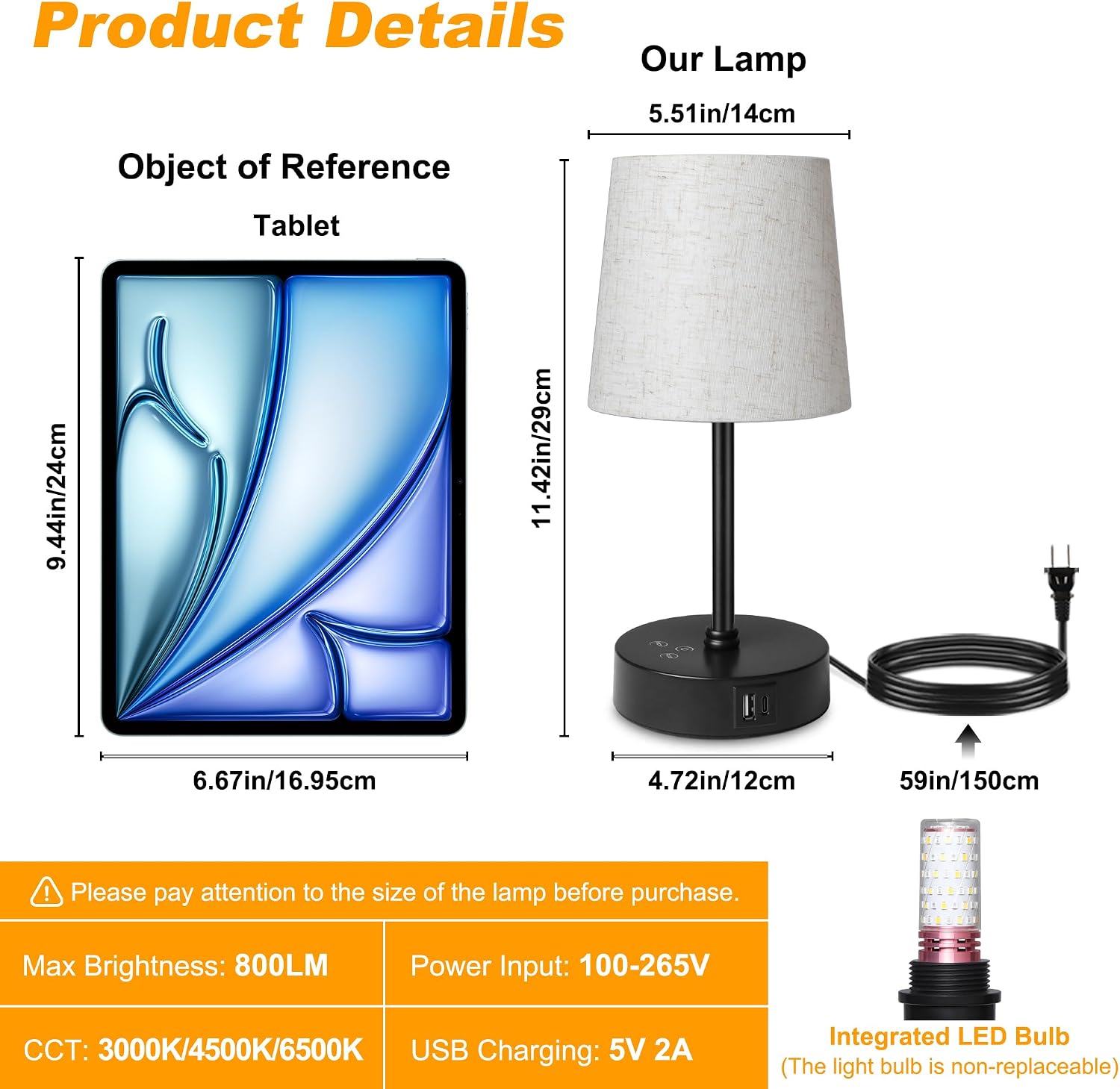 Ascher Small Bedside Table lamp Set of 2, RGB Color Changing Lamps, 3 Color Temperatures, Dimmable Nightstand Lamp with USB C+A Ports…