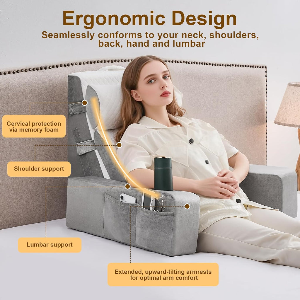 Yojoker 5pcs Reading Pillow for Adults Sitting in Bed – Back Pillow for Bed Sitting Up with Arms, Pockets & Cup Holder, Sit-Up Backrest Pil…