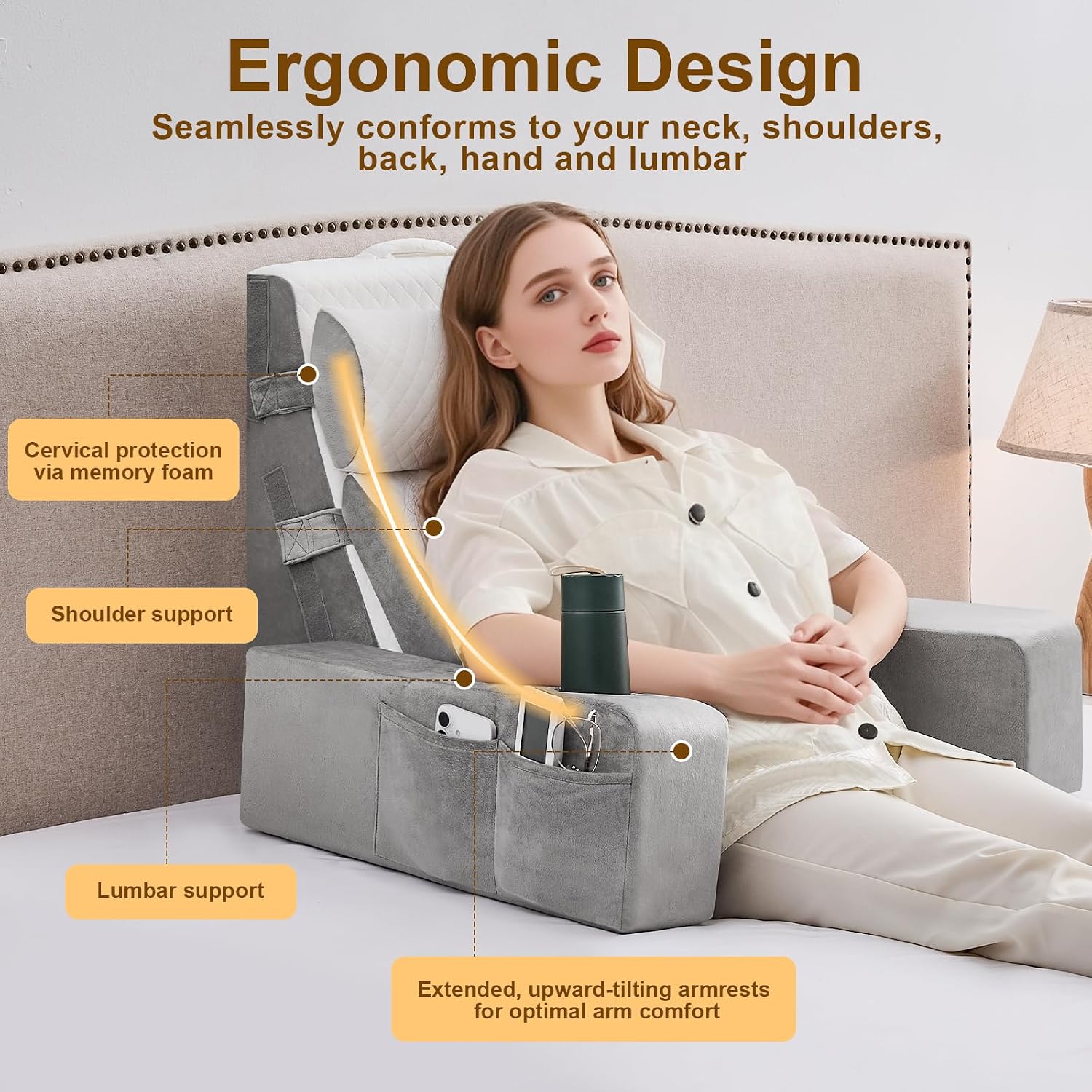 Yojoker 5pcs Reading Pillow for Adults Sitting in Bed – Back Pillow for Bed Sitting Up with Arms, Pockets & Cup Holder, Sit-Up Backrest Pil…