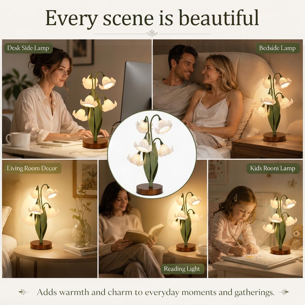 Flower Table Lamp for Bedroom, Cute Reading Light with 5 White Magnolia Flower of The Valley, Desk Lamp Bedside Lamps for Nightstands…