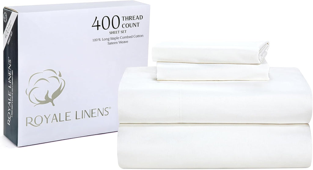 Royalelinens ROYALE LINENS 400 Thread Count 100% American Grown Cotton 4 Piece Sateen King Sheet Set - 1 Fitted Sheet, 1 Flat Sheet, 2 Pill…