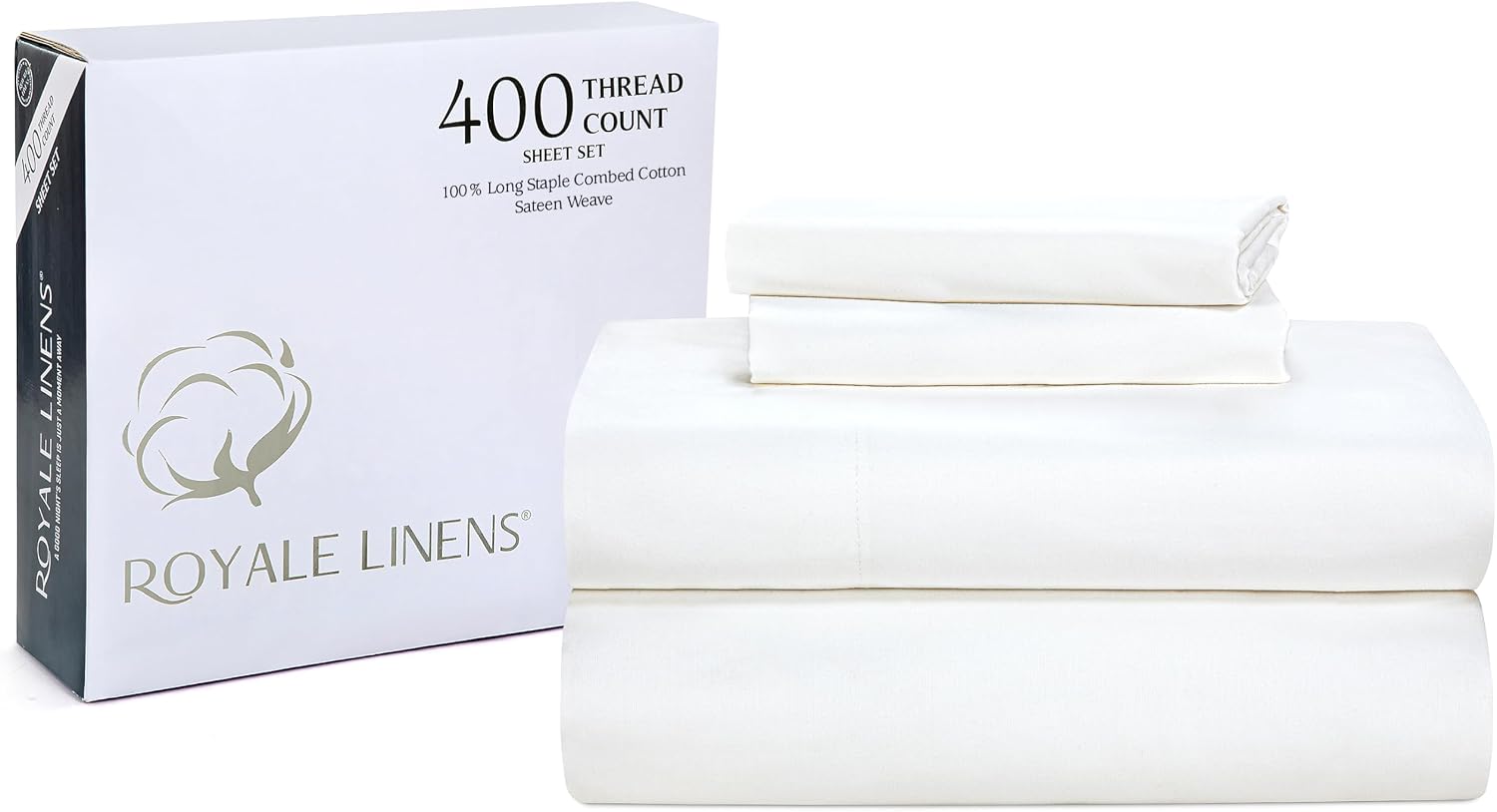 Royalelinens ROYALE LINENS 400 Thread Count 100% American Grown Cotton 4 Piece Sateen King Sheet Set - 1 Fitted Sheet, 1 Flat Sheet, 2 Pill…