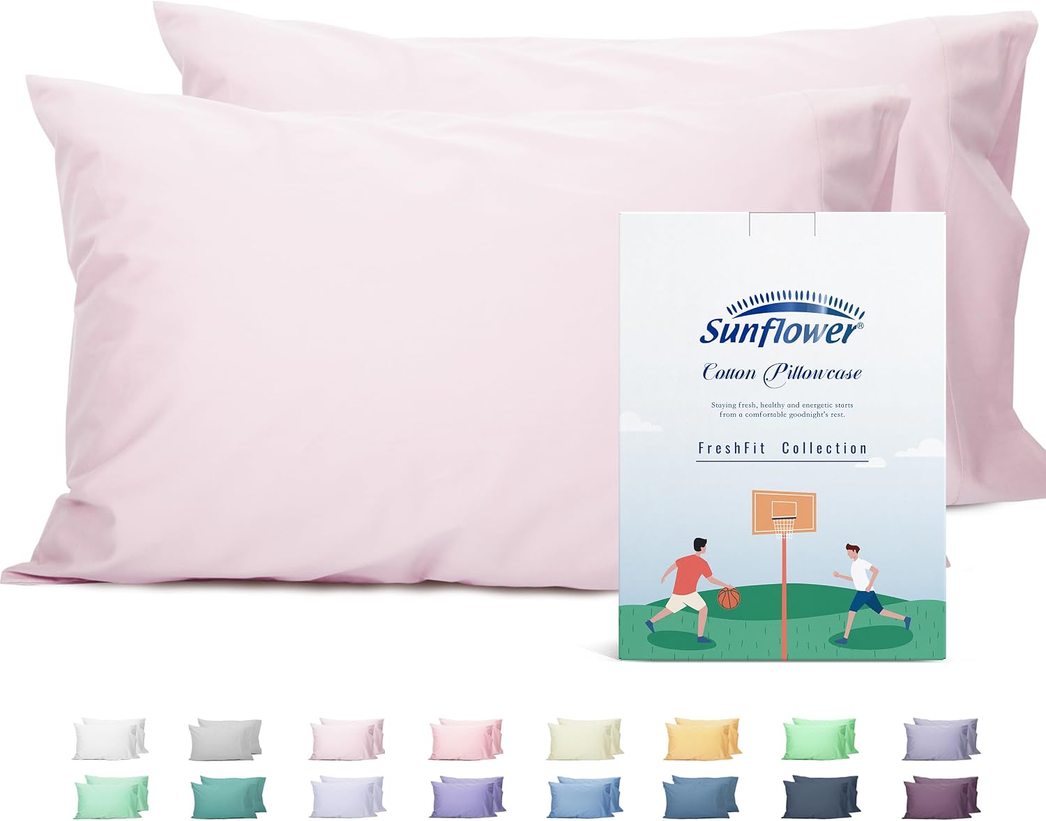 Sunflower Queen Pillowcases Set of 2, 100% Cotton Queen Pillow Cases 2, 20×30 inches Light Pink, Soft and Breathable