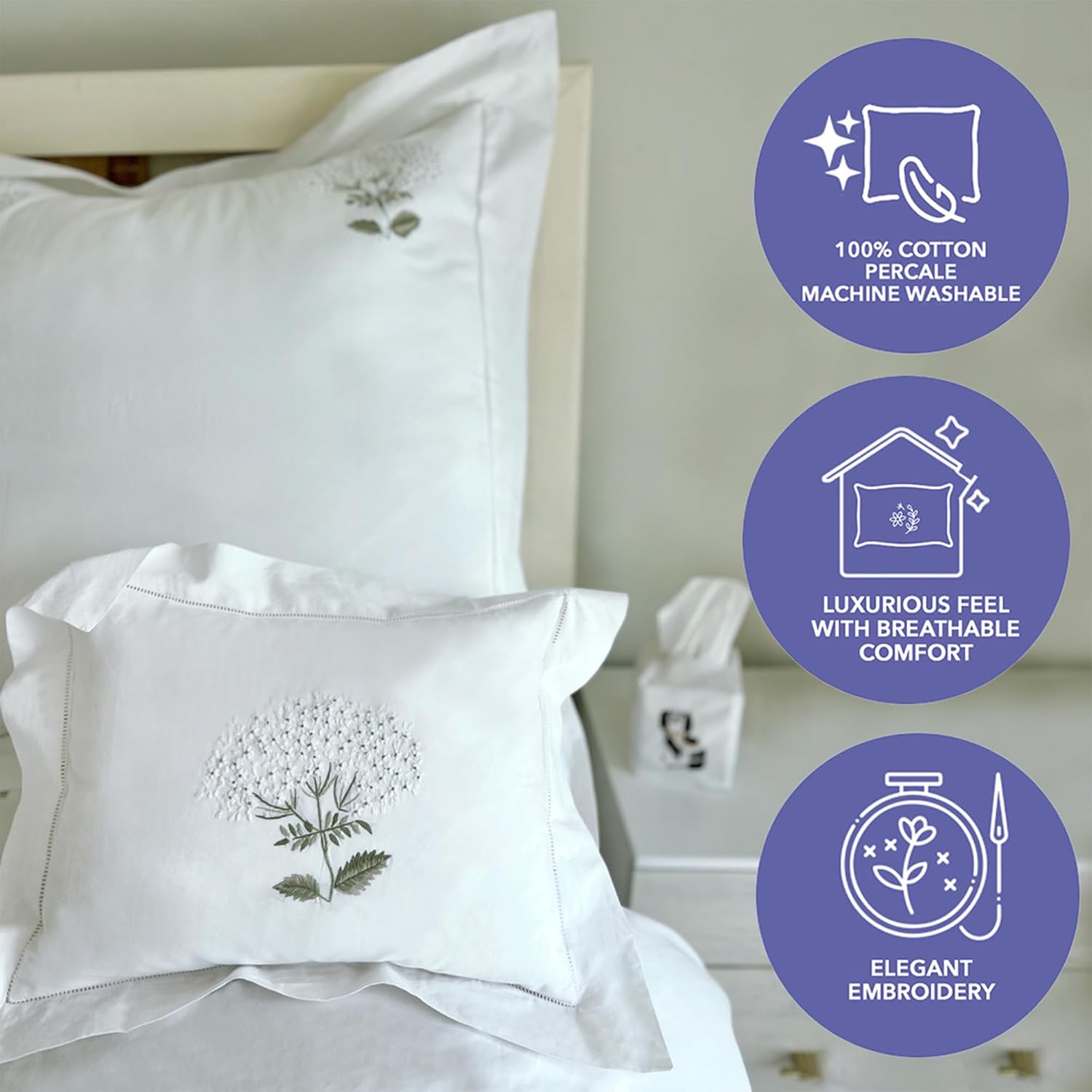 JacarandaLiving Jacaranda Living Embroidered Boudoir Pillow Cover – Handcrafted Embroidery, Fine Italian Cotton, Decorative Pillow Accent f…