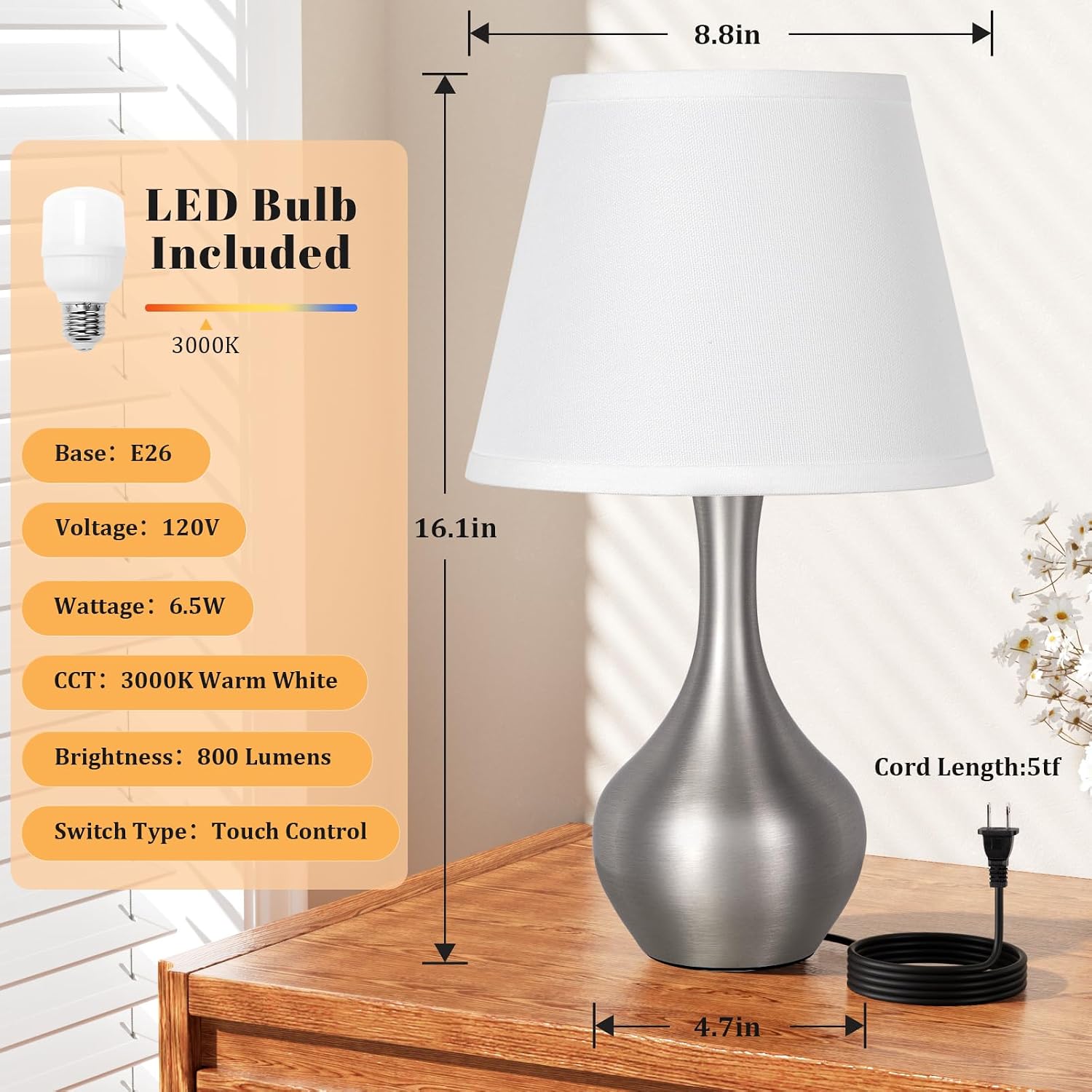 Seealle Touch Table Lamp for Bedroom, 3-Way Dimmable Small Bedside Lamps for Night Stands with Wires, Silver Desk Lamp for Kids Room…