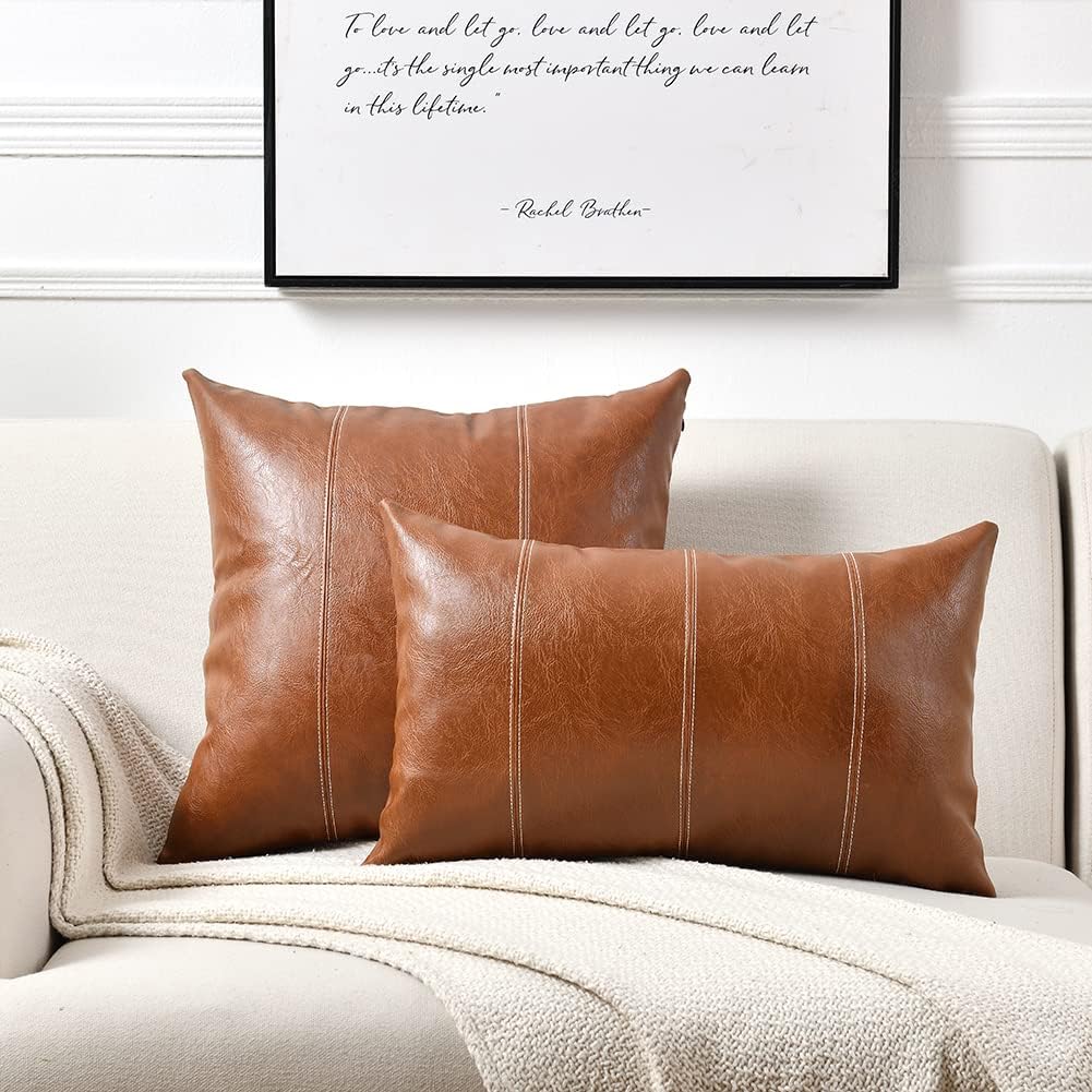 Fancy Homi Brown Boho Faux Leather Decorative Throw Pillow Covers 16x16 Inch for Living Room Couch Bed, Hand Stitched Accent Square…