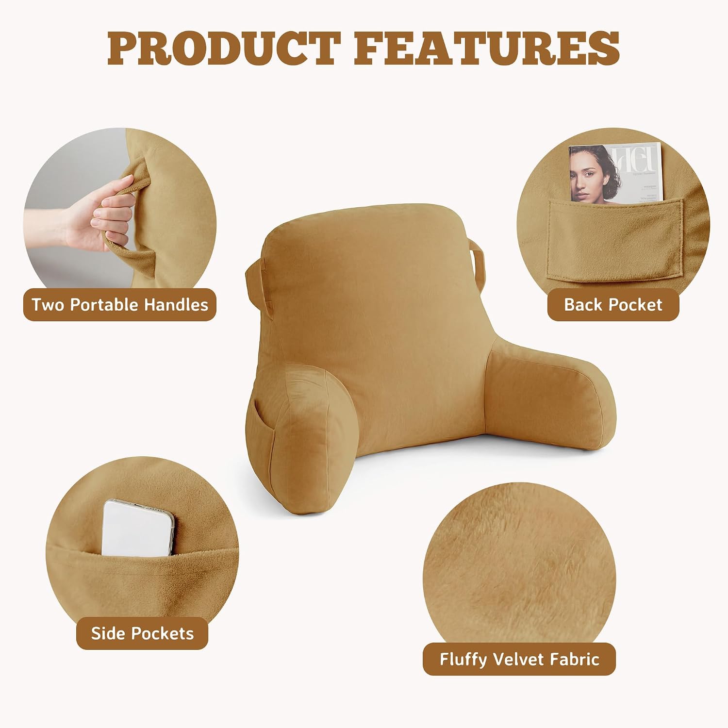 Unisakey Portable Comfy Reading Pillows for Bed Sitting Up(Camel Oeko-Tex), Velvet Back Pillow with Arms & Pockets for Adults, Support…
