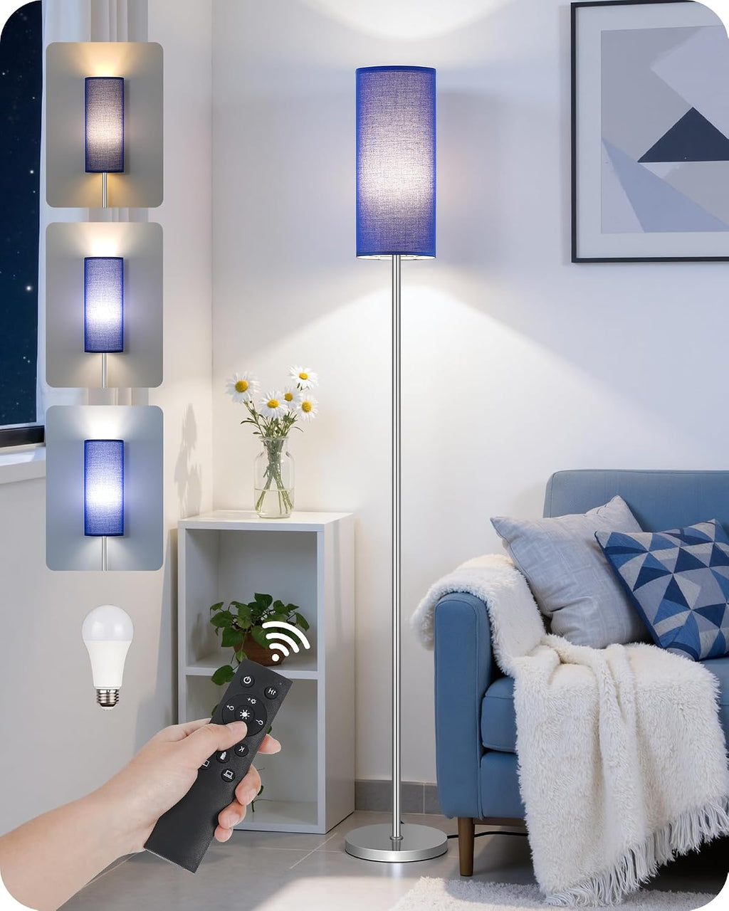 Dimmable Floor Lamps for Living Room with Remote and Foot Switch, 64.4” Modern Standing Tall Lamp, Corner Lamp for Bedroom, Office, Bulb…