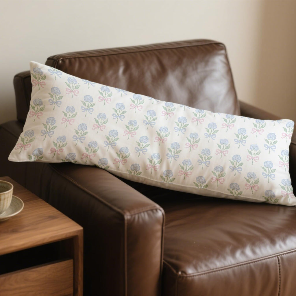 Coquette Pink and Blue Bow Hydrangea Floral 20x54 Body Pillow Cover, Coastal Grandma Decor, Cottagecore Blue and Green Botanical Flower…