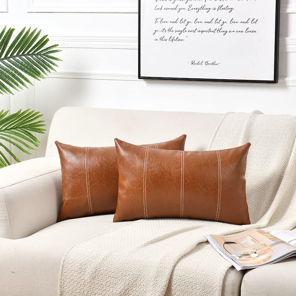 Fancy Homi Brown Boho Lumbar Faux Leather Decorative Throw Pillow Covers 12x20 Inch for Living Room Couch Bed Sofa, Hand Stitched…