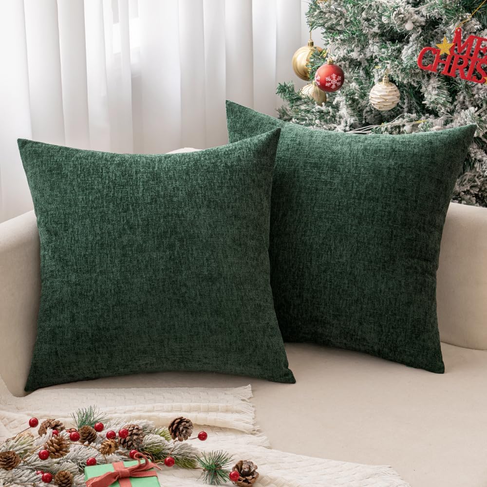 Miulee Pack of 2 Green Throw Pillow Covers 18x18 Inch Soft Chenille Pillow Covers for Sofa Living Room Couch Solid Dyed Cases wood Green