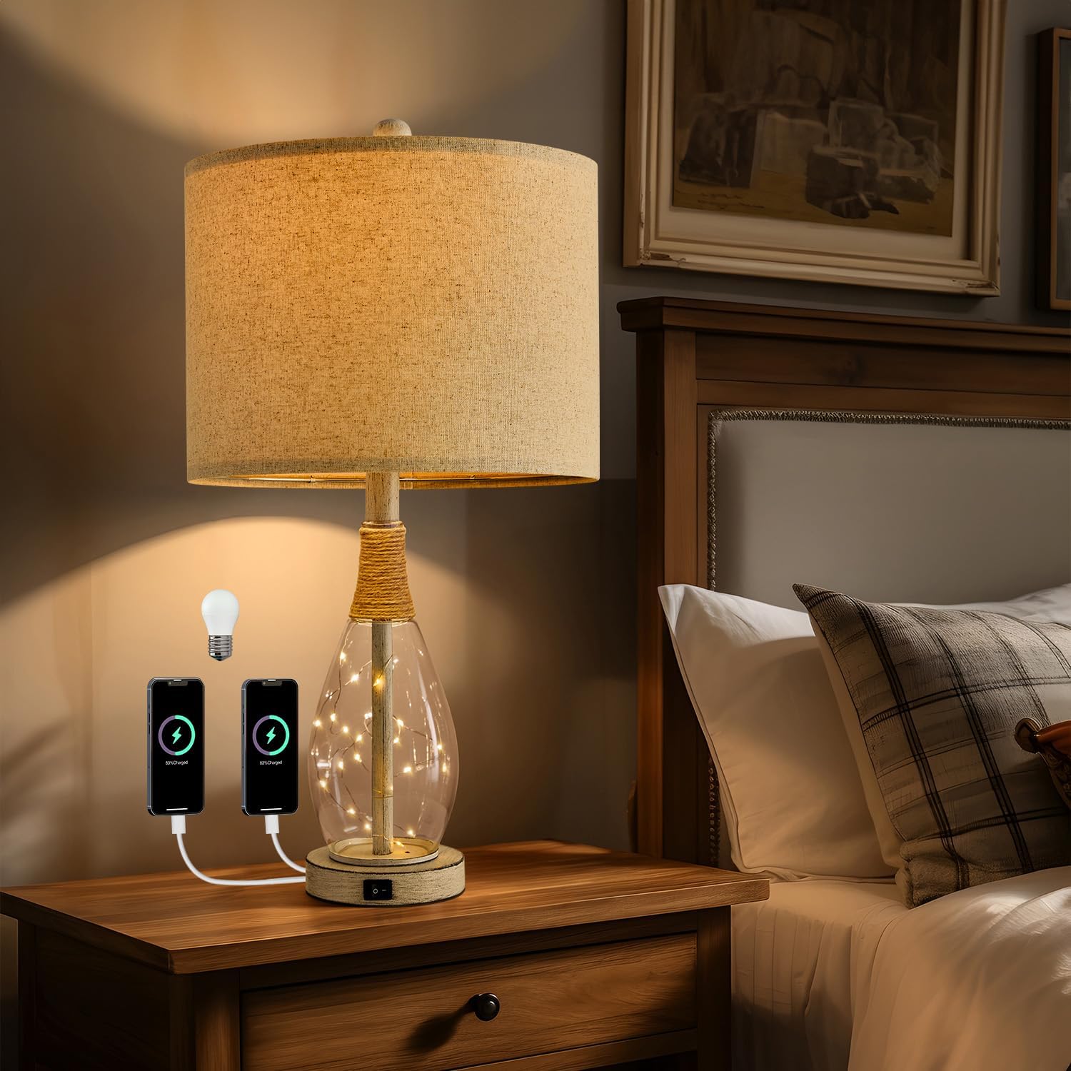 OYEARS 23" USB A+C Table Lamp for Bedroom Living Room Modern Bedside Lamps Retro Farmhouse Rattan Glass Nightstand Nightlight Lamps…