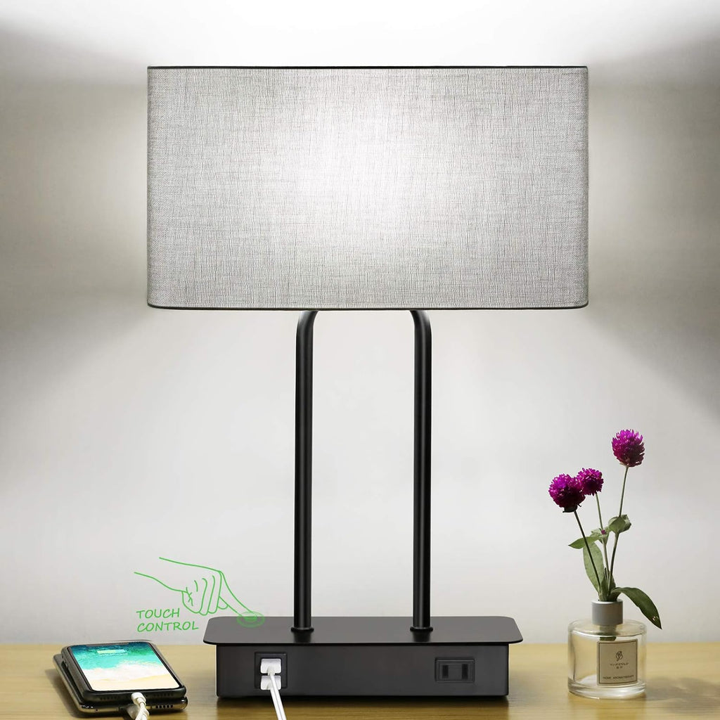 Lakumu Bedside Touch Control Table Lamps with Dual USB Charging Ports 1 AC Outlet, 3 Way Dimmable Modern Nightstand Lamp with Grey Fabric…