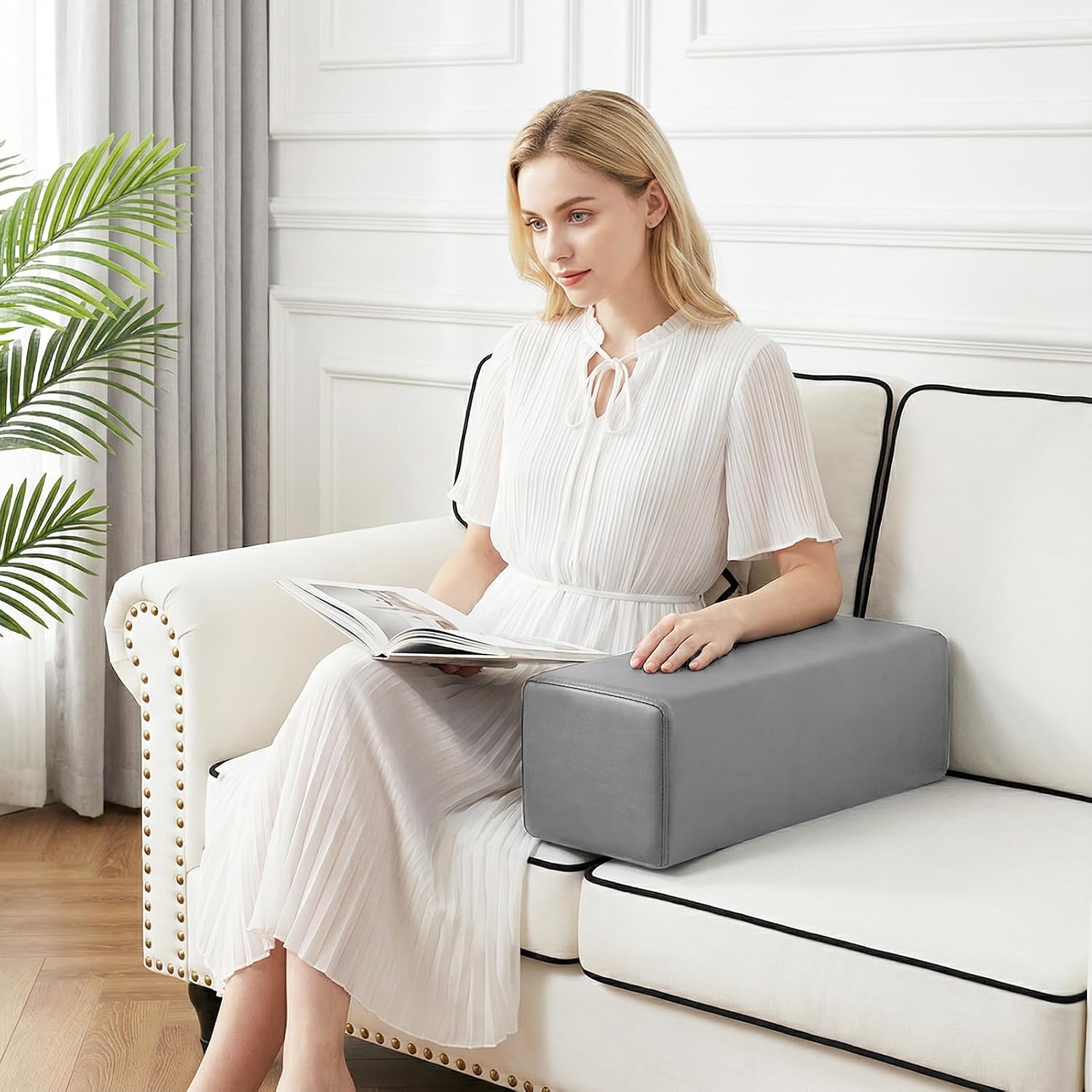 MMuteTouch 2 Pack Couch Arm Rest Pillow, 6''x6''x20'' Faux Leather Waterproof Cover, High Density Foam Armrest Cushion, Removable & Washabl…