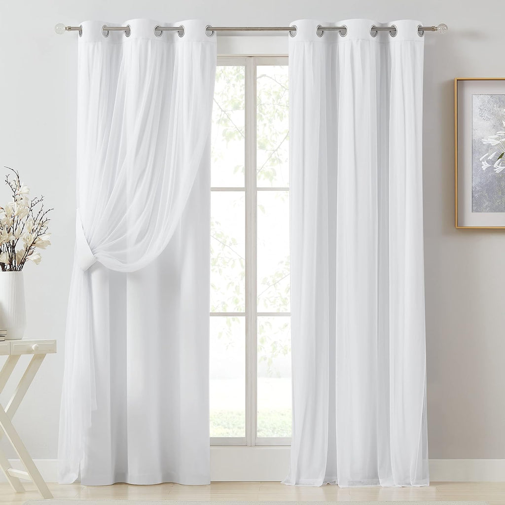 Bujasso White Full Blackout Curtain Panels with Sheer Overlay Mix and Match Double Layer Thermal Insulated Window Treatment Set for Living…