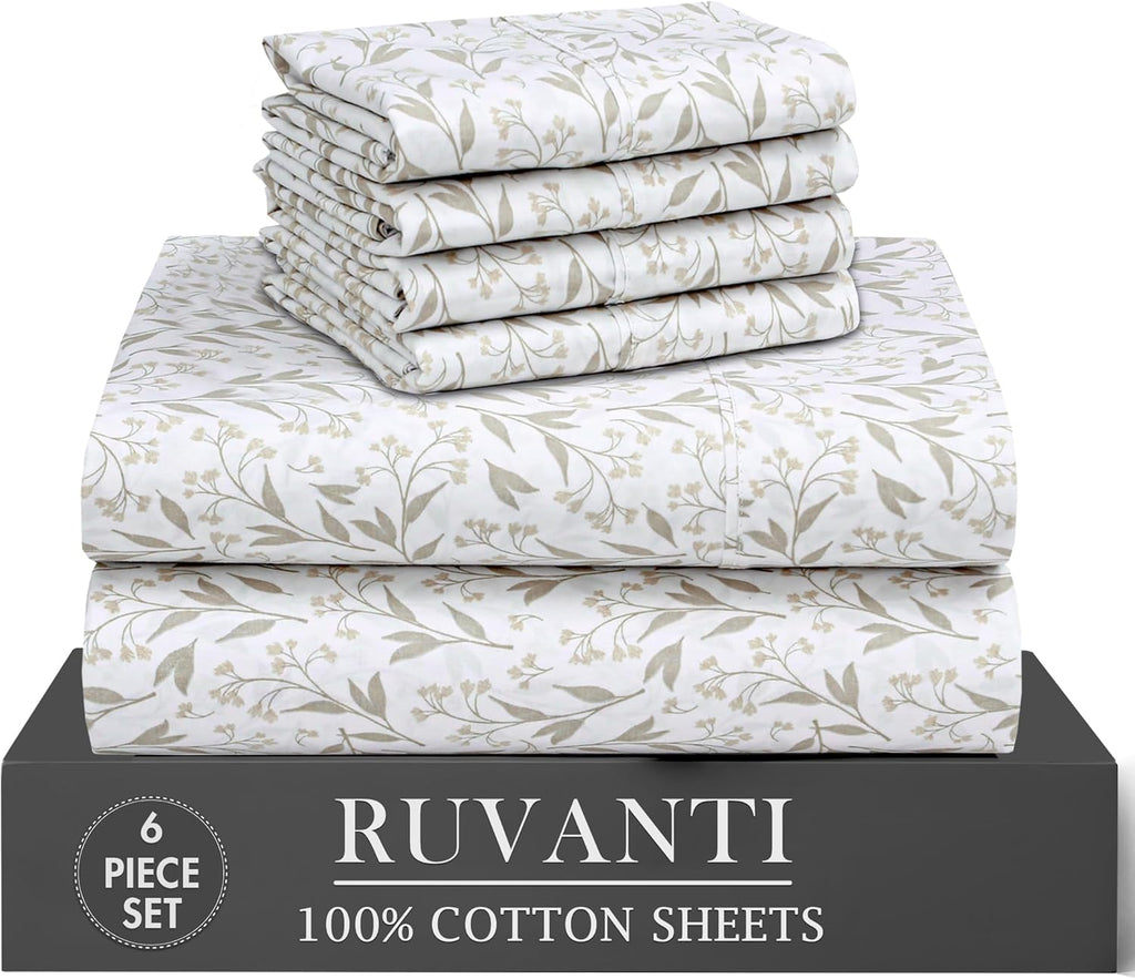 Ruvanti 100% Cotton Percale Sheets California King Size 6 Piece Set, Cooling Bed Sheets for Hot Sleepers, Deep Pocket 14”, Breathable Light…