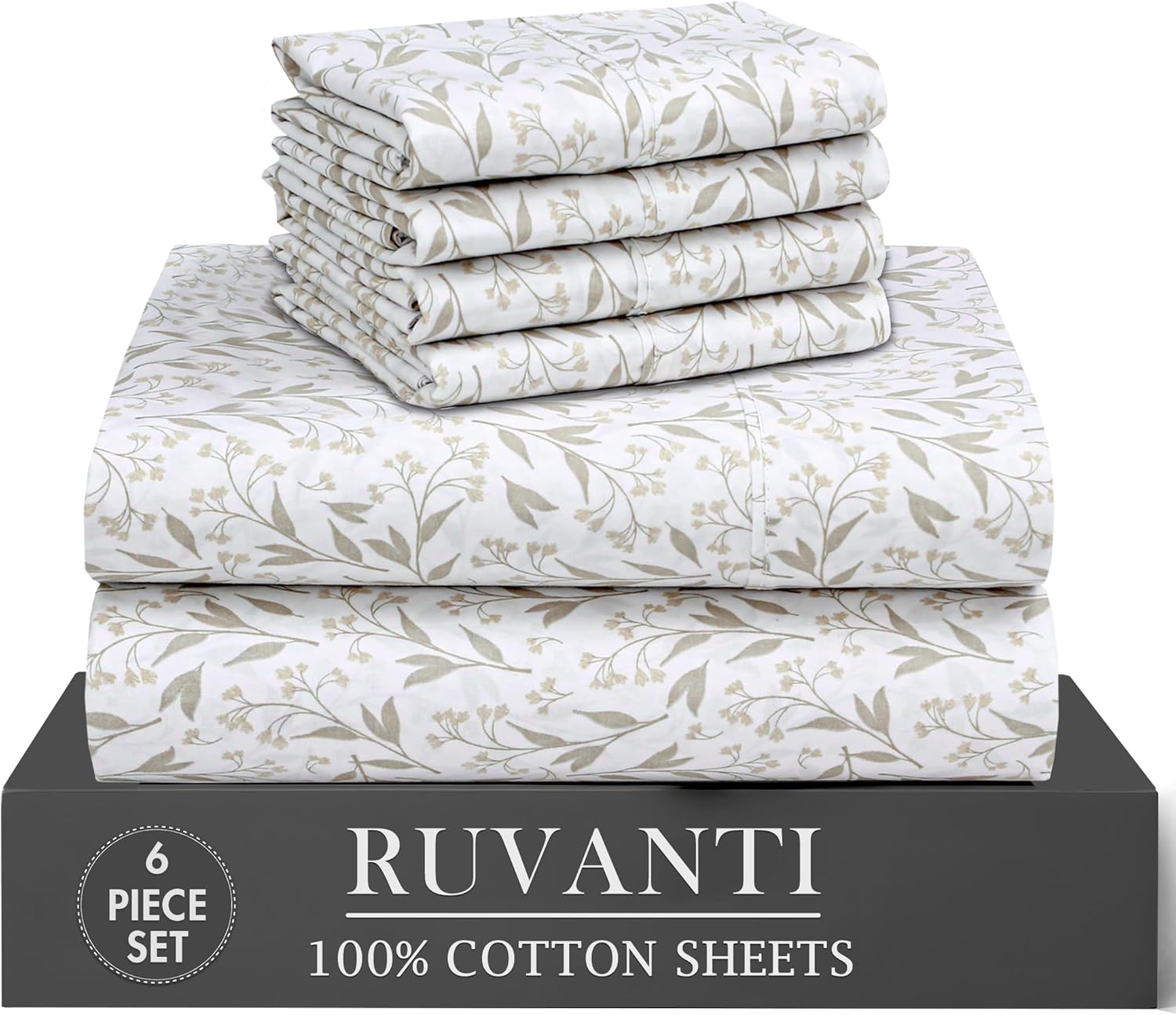 Ruvanti 100% Cotton Percale Sheets King Size 6 Piece Set, Cooling Bed Sheets for Hot Sleepers, Deep Pocket 16”, Breathable Lightweight & Du…