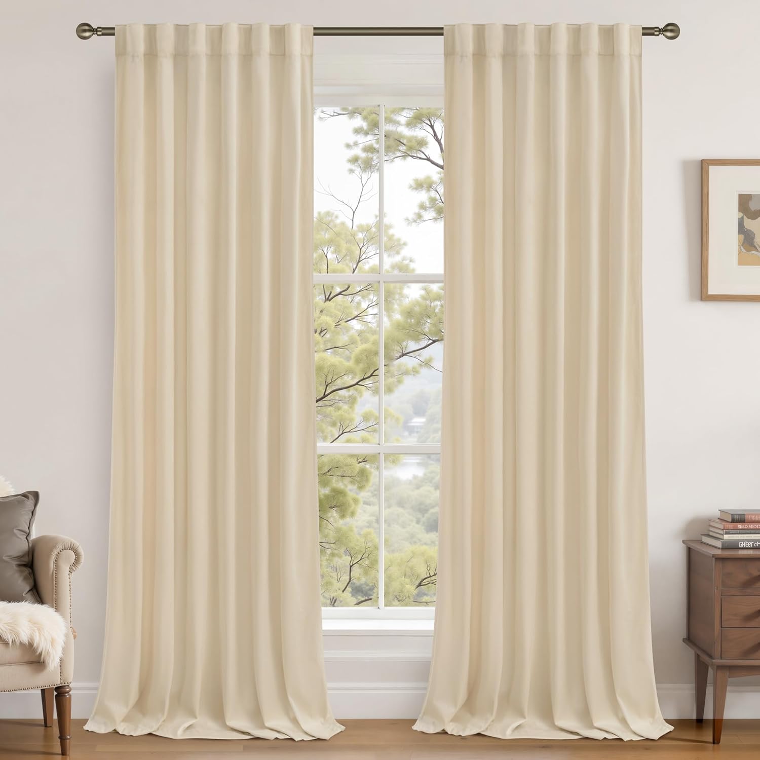 Lamit Beige Velvet Curtains 90 Inches for Living Room, Elegant Thermal Insulated Panels Noise Reducing Back Tab and Rod Pocket Drapes for B…