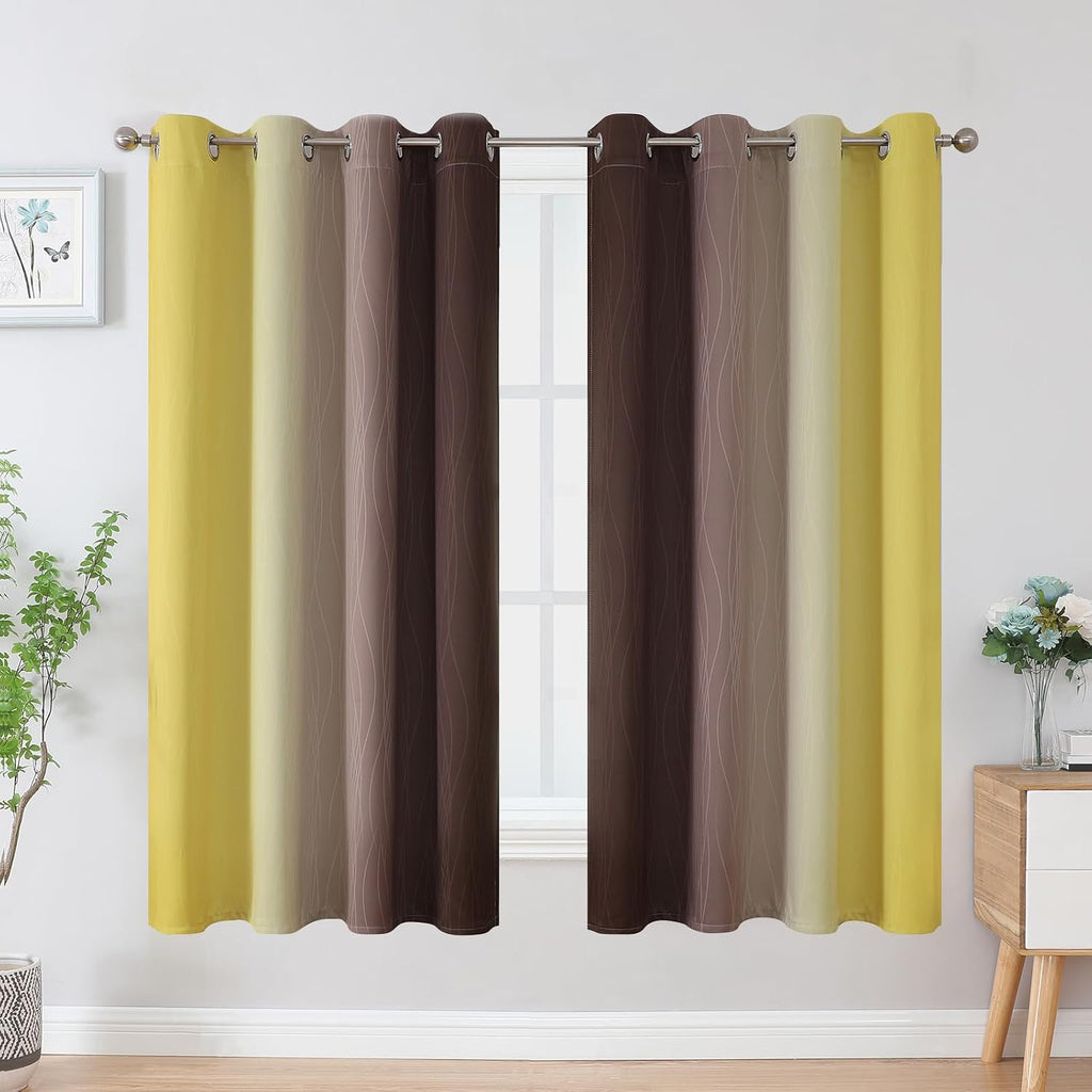 Estelartextiler Estelar Textiler Brown and Yellow Blackout Curtains for Kids Room, Full Room Darkening Grommet Ombre Curtains for Bedroom,…