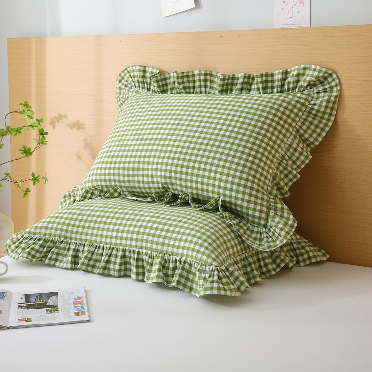 Silnuo Green/White Plaid Ruffled Queen Size Pillow Shams Set of 2, Washed Cotton Shabby Checkered Gingham Farmhouse Bed Pillow Covers 20"x30…