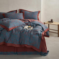 mixinni Muslin Cotton Vintage Blue Floral Duvet Cover Queen Size 3pcs Yarn Dyed Burgundy Jacquard Weave Bedding Comforter Cover Soft Breath…