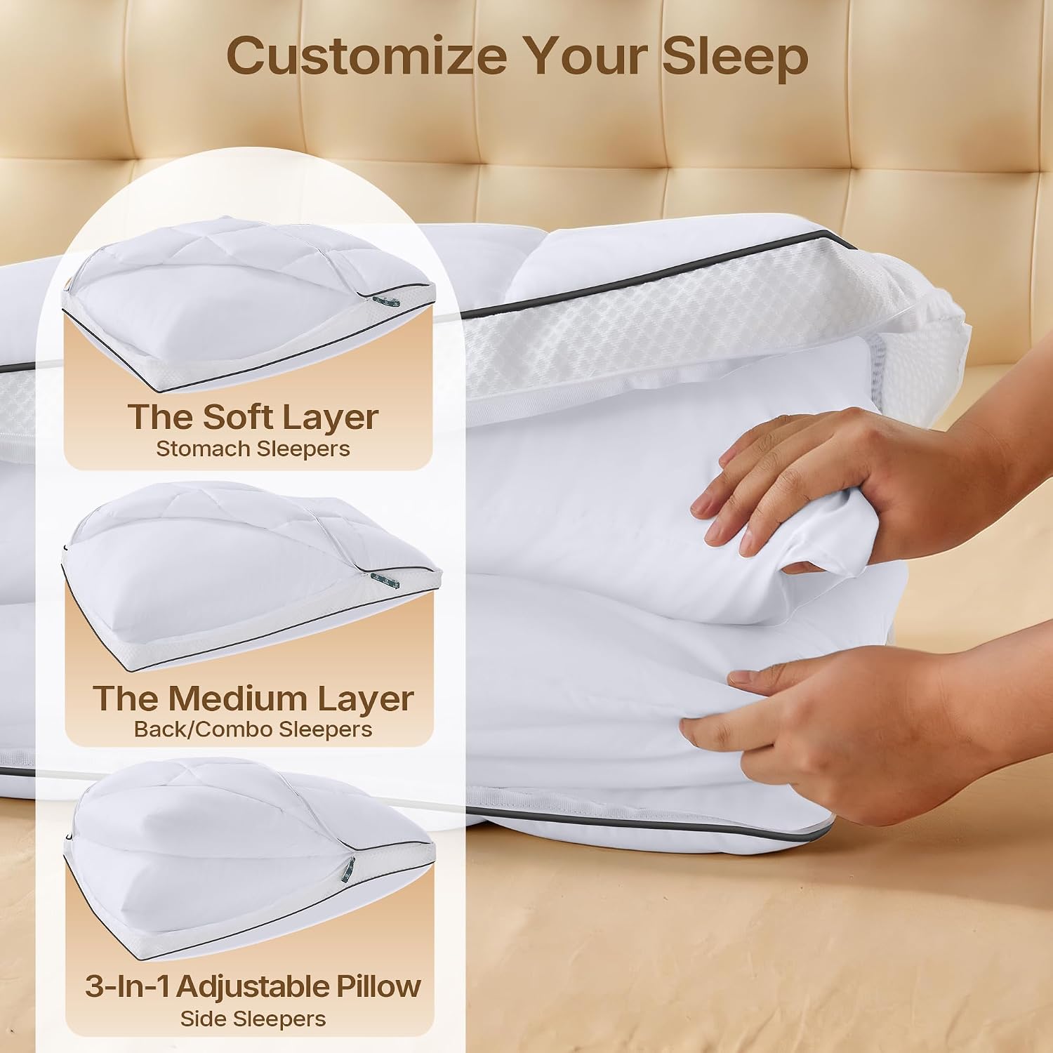 SurChic Luxury Adjustable Pillows Standard Size for Side Sleepers, Dual Layer Adjust Height Soft Firm Cooling Bed Pillow for Back, Stomach…