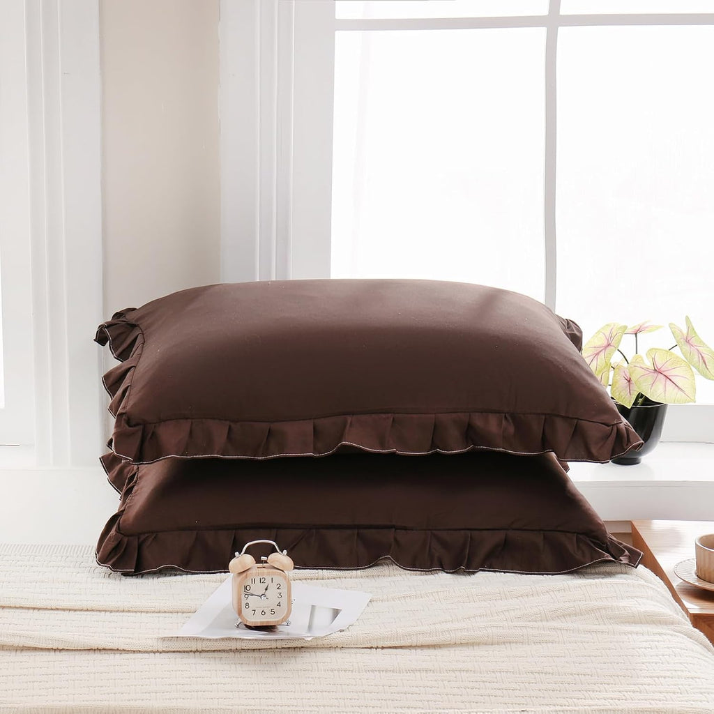 Merryword Dark Brown Pillow Shams Chocolate Queen Pillowcases Cute Pillow Cover Set of 2 Soft Shabby Chic Ruffled Pillowcases 2 Pack (Queen…
